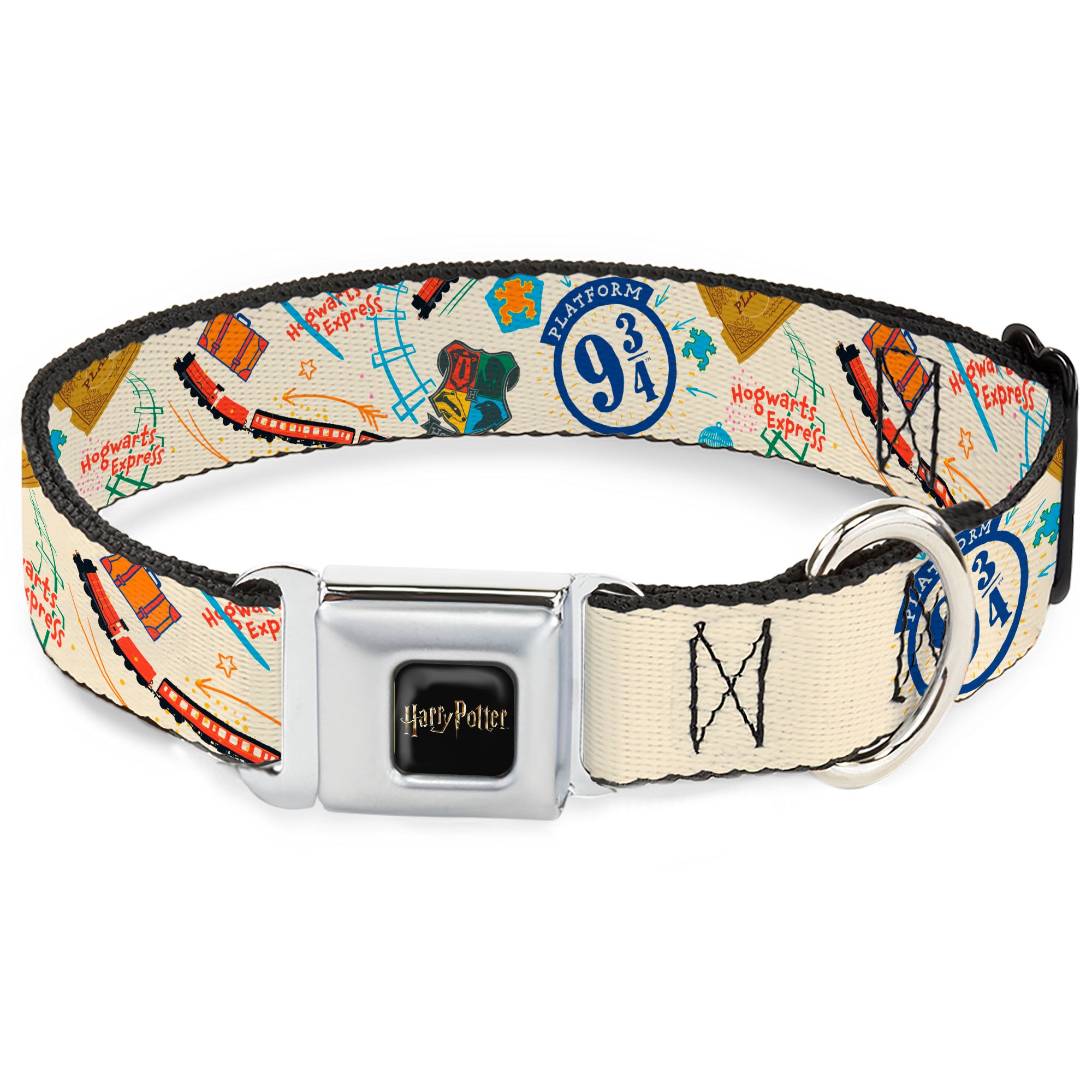 HARRY POTTER Title Logo Full Color Black Seatbelt Buckle Collar - Harry Potter HOGWARTS EXPRESS Icons Collage Beige/Multi Color Seatbelt Buckle Collars Harry Potter