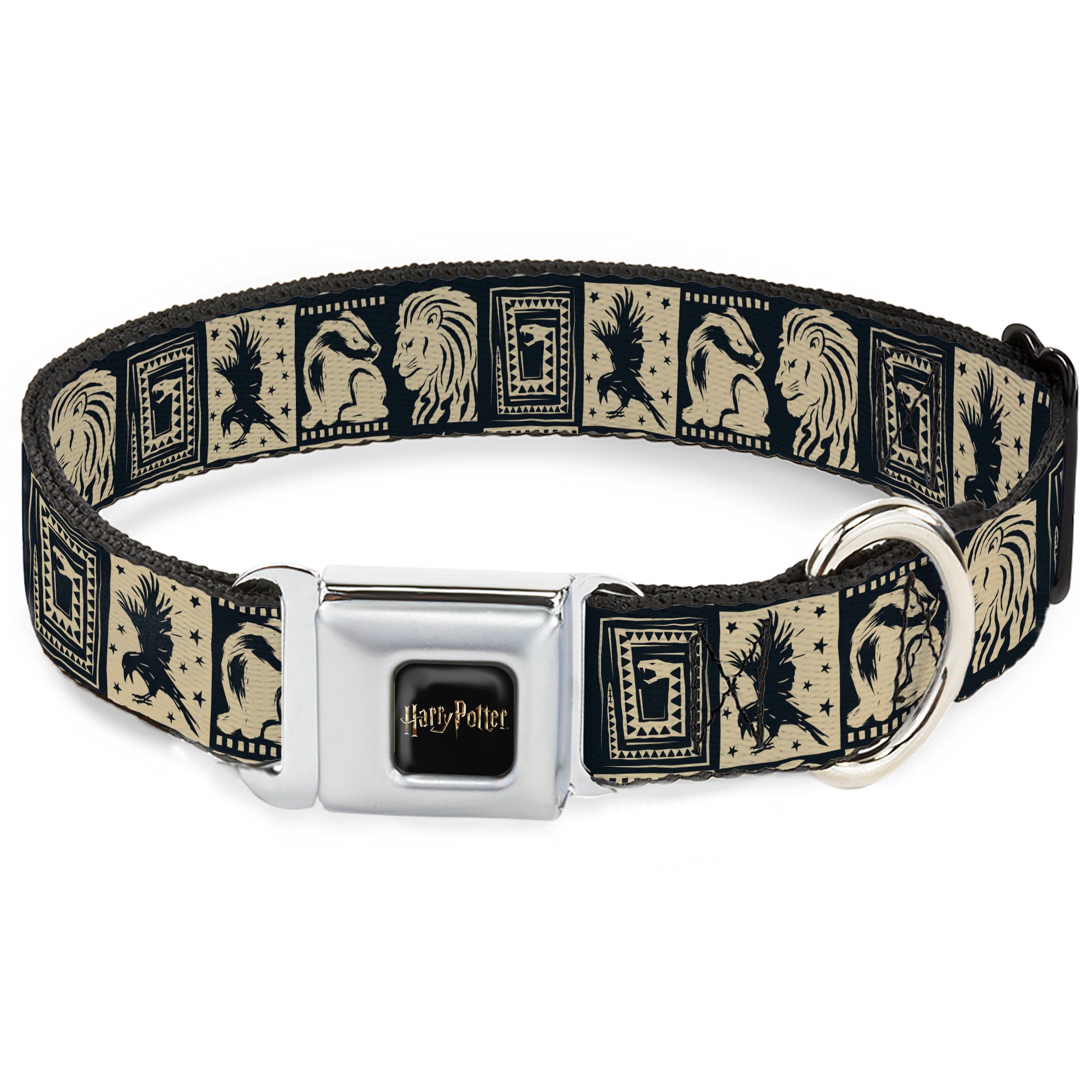 HARRY POTTER Title Logo Full Color Black Seatbelt Buckle Collar - Harry Potter Hogwarts House Patch Blocks Tan/Black Seatbelt Buckle Collars Harry Potter