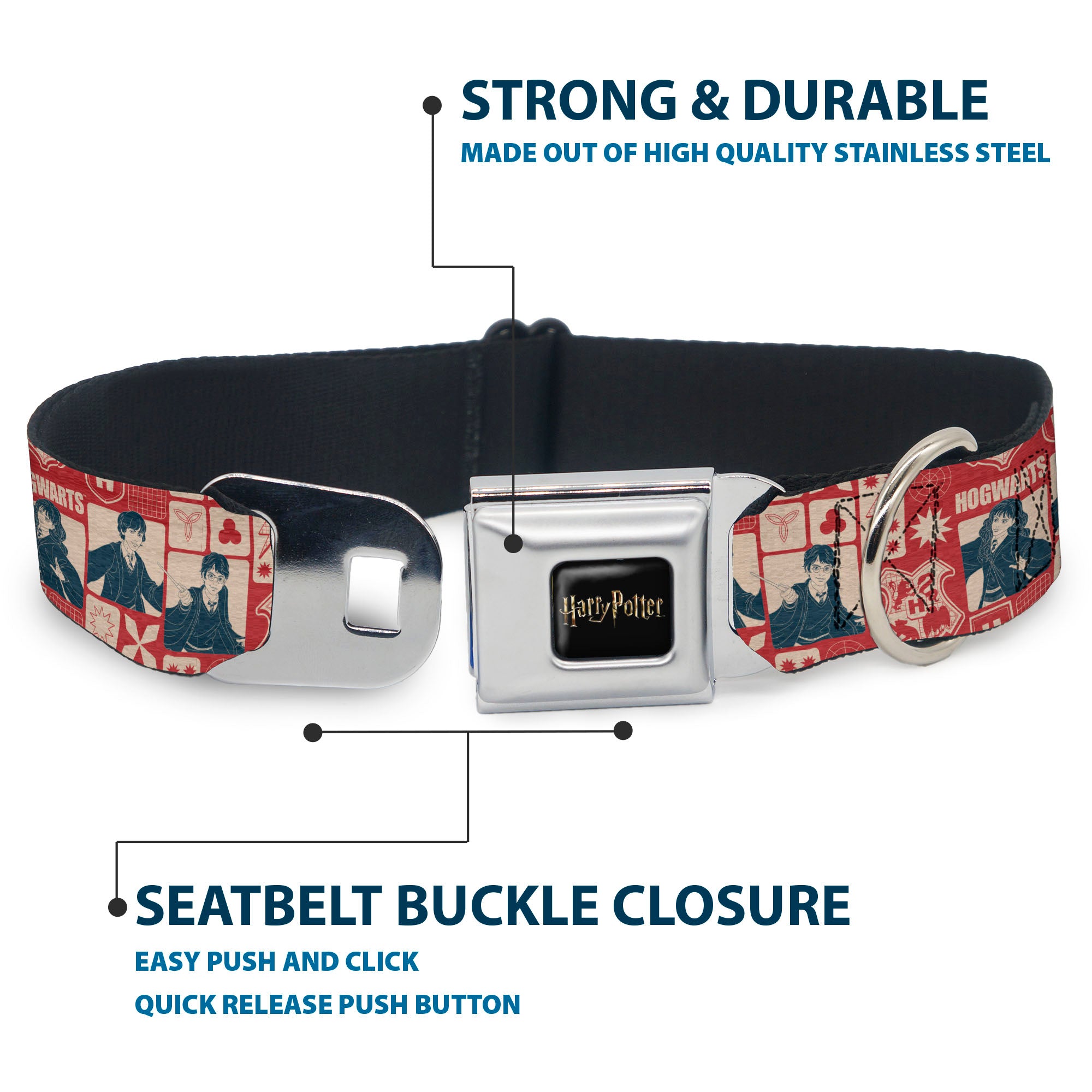 HARRY POTTER Title Logo Full Color Black Seatbelt Buckle Collar - Harry Potter HOGWARTS The Golden Trio Magic Collage Reds Seatbelt Buckle Collars Harry Potter