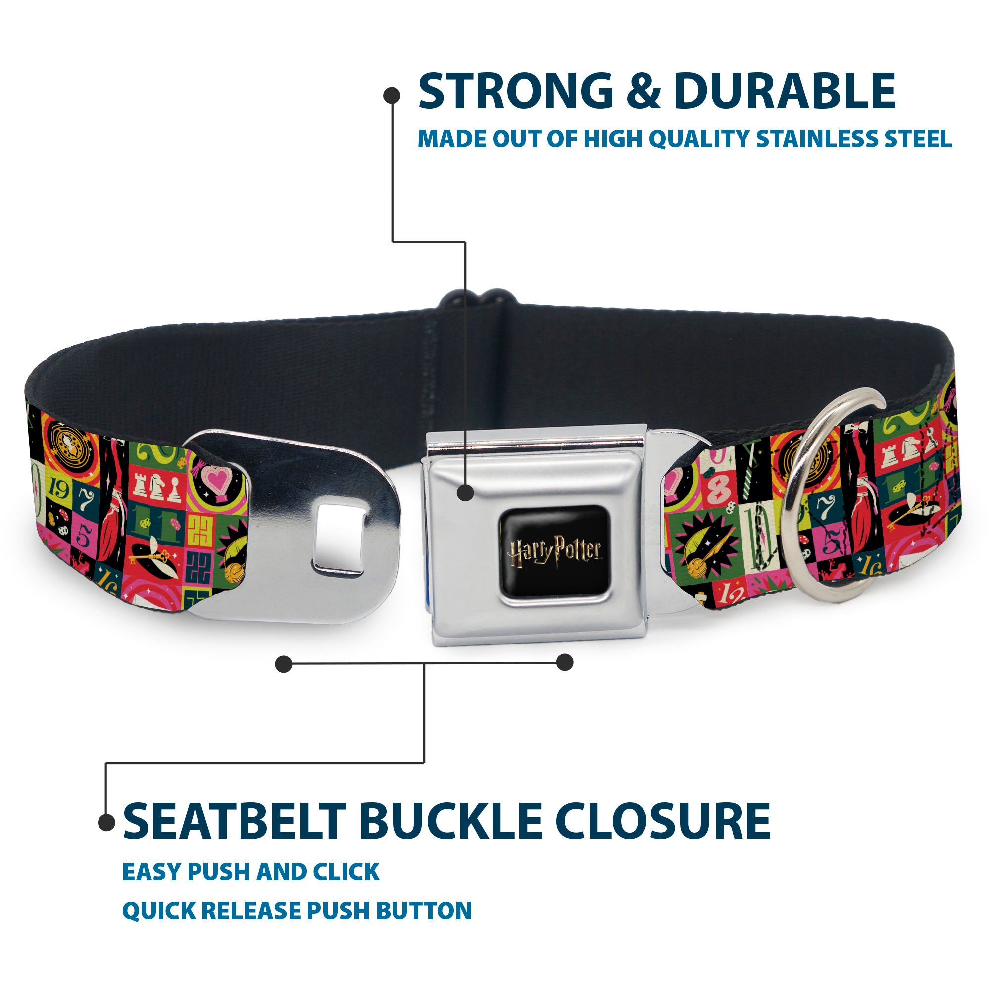 HARRY POTTER Title Logo Full Color Black Seatbelt Buckle Collar - Harry Potter Deck the Holidays Christmas Collage Multi Color Seatbelt Buckle Collars Harry Potter