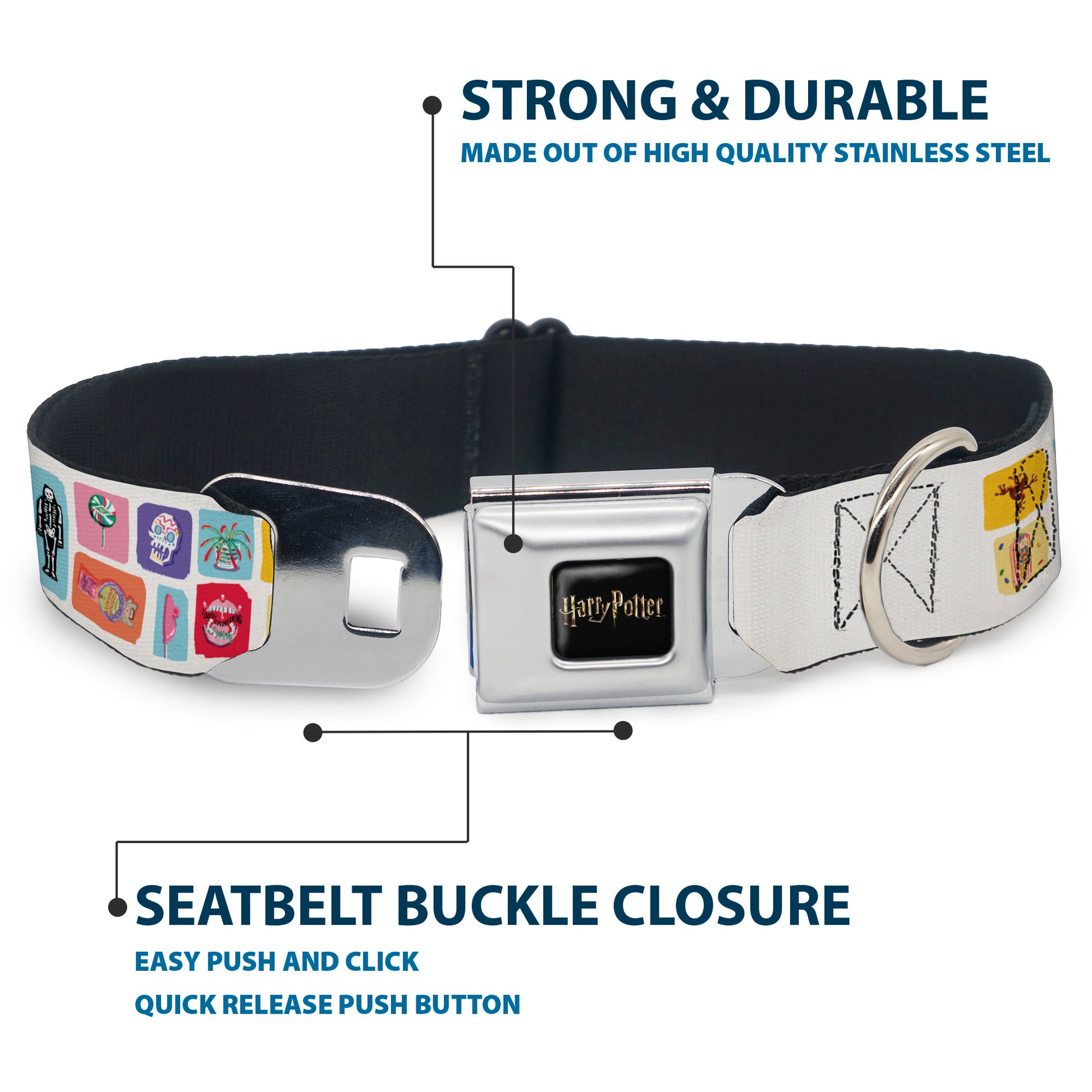 HARRY POTTER Title Logo Full Color Black Seatbelt Buckle Collar - Harry Potter Honeydukes Icons Collage White/Multi Color Seatbelt Buckle Collars Harry Potter