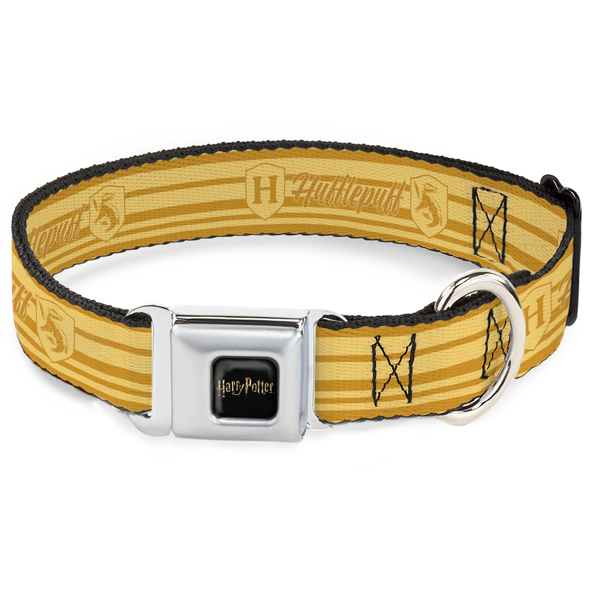 HARRY POTTER Title Logo Full Color Black Seatbelt Buckle Collar - Harry Potter Hufflepuff House Champion Icons Stripe Yellows Seatbelt Buckle Collars Harry Potter