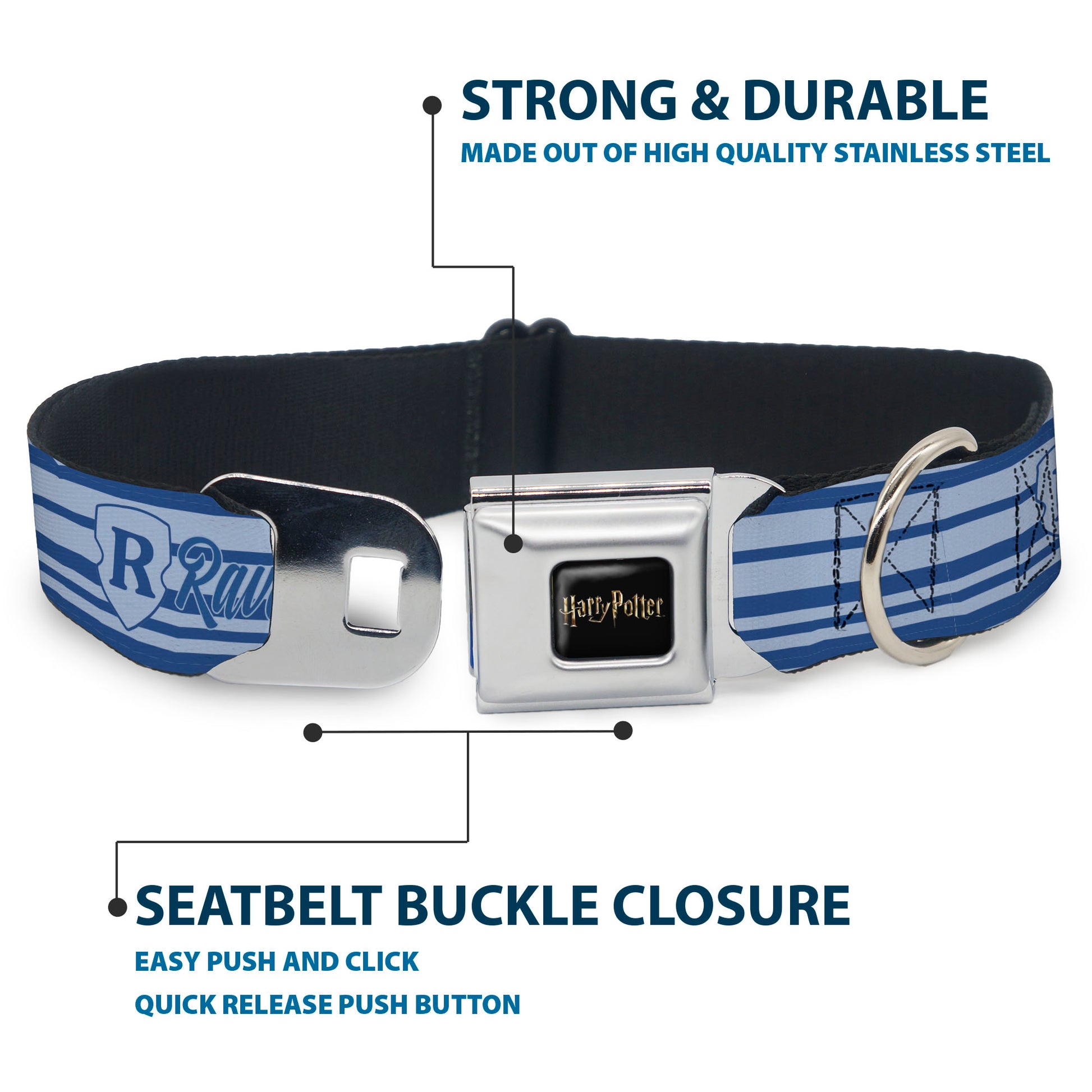 HARRY POTTER Title Logo Full Color Black Seatbelt Buckle Collar - Harry Potter Ravenclaw House Champion Icons Stripe Blues Seatbelt Buckle Collars Harry Potter
