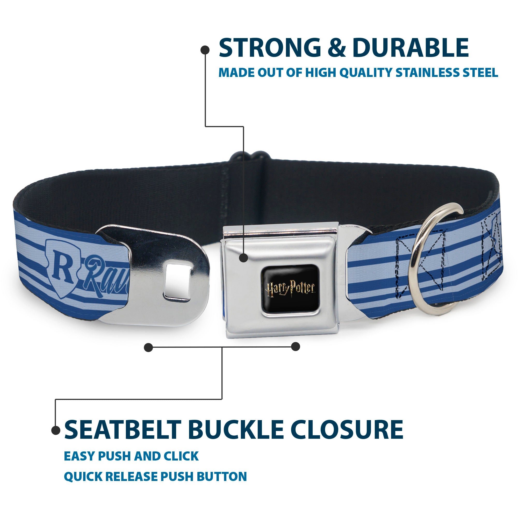 HARRY POTTER Title Logo Full Color Black Seatbelt Buckle Collar - Harry Potter Ravenclaw House Champion Icons Stripe Blues Seatbelt Buckle Collars Harry Potter