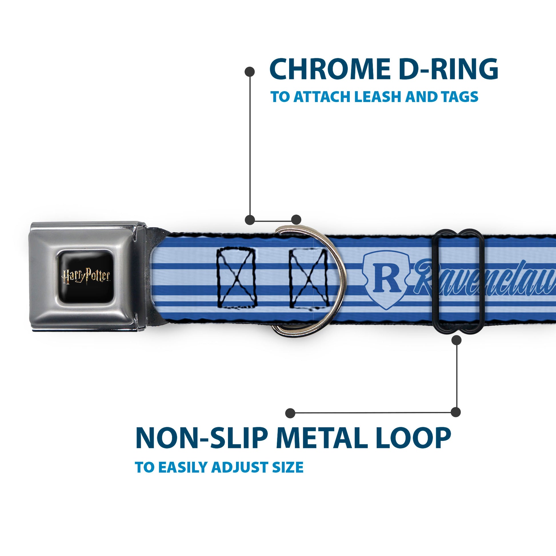 HARRY POTTER Title Logo Full Color Black Seatbelt Buckle Collar - Harry Potter Ravenclaw House Champion Icons Stripe Blues Seatbelt Buckle Collars Harry Potter