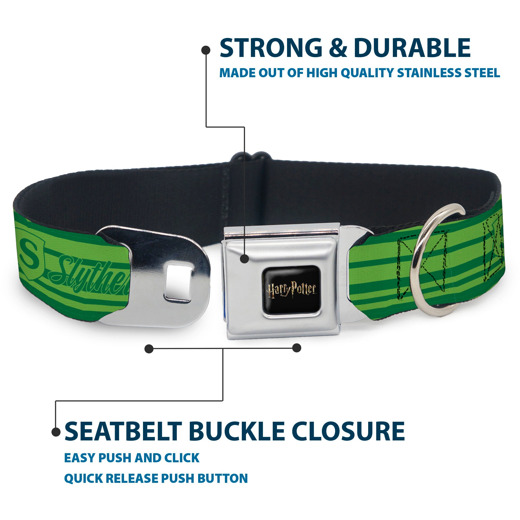 HARRY POTTER Title Logo Full Color Black Seatbelt Buckle Collar - Harry Potter Slytherin House Champion Icons Stripe Greens Seatbelt Buckle Collars Harry Potter