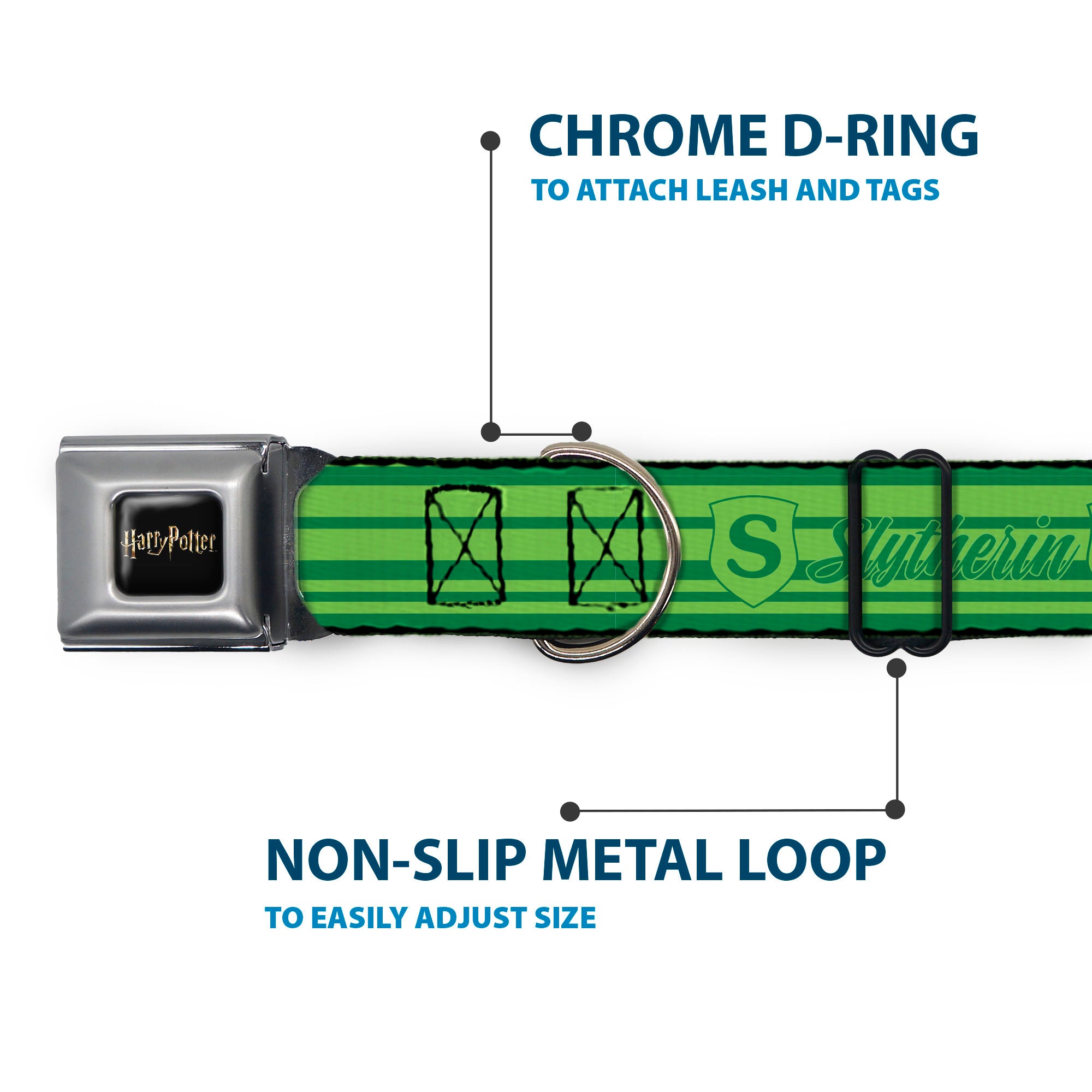 HARRY POTTER Title Logo Full Color Black Seatbelt Buckle Collar - Harry Potter Slytherin House Champion Icons Stripe Greens Seatbelt Buckle Collars Harry Potter