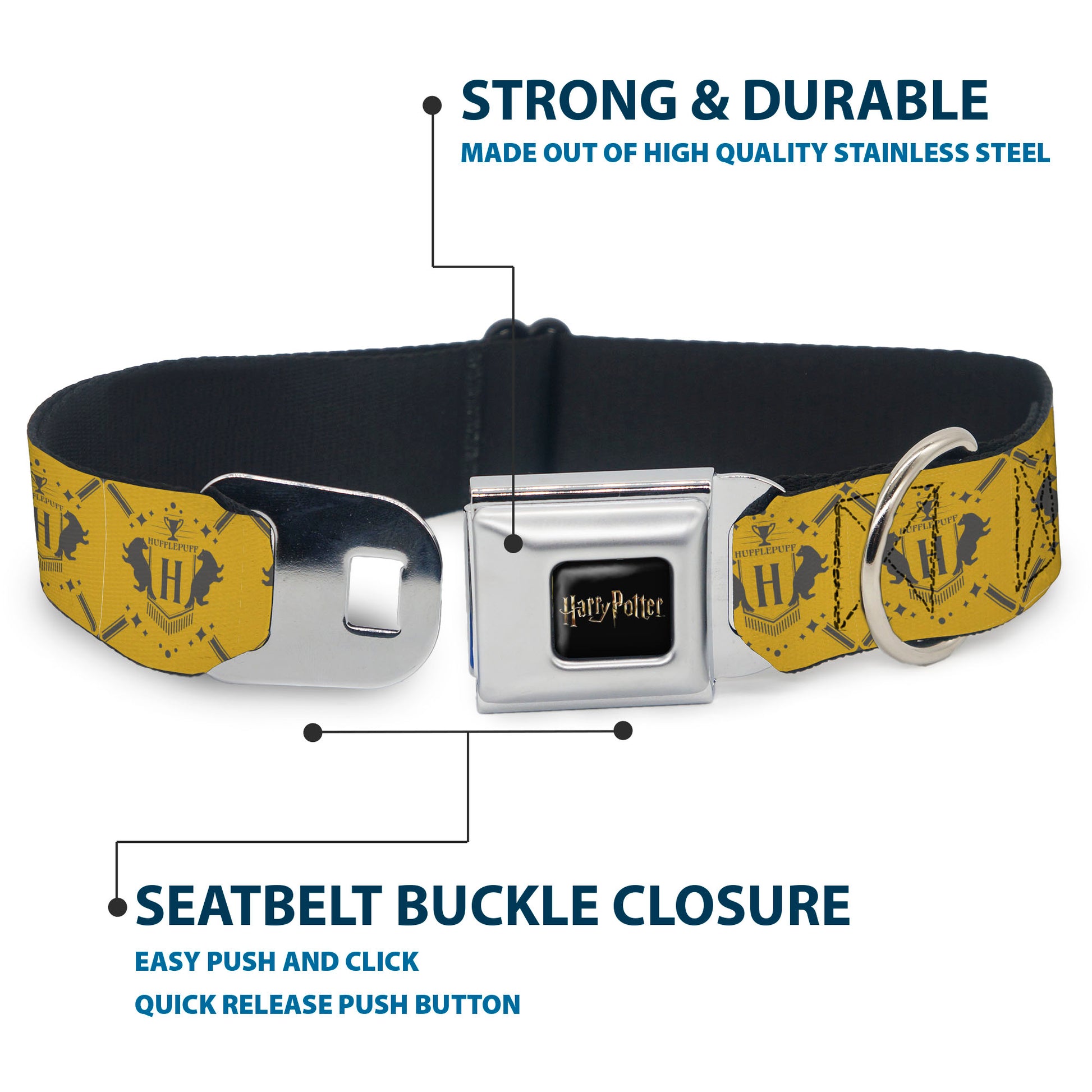 HARRY POTTER Title Logo Full Color Black Seatbelt Buckle Collar - Harry Potter Hufflepuff House Pride Banner Yellow/Gray Seatbelt Buckle Collars Harry Potter