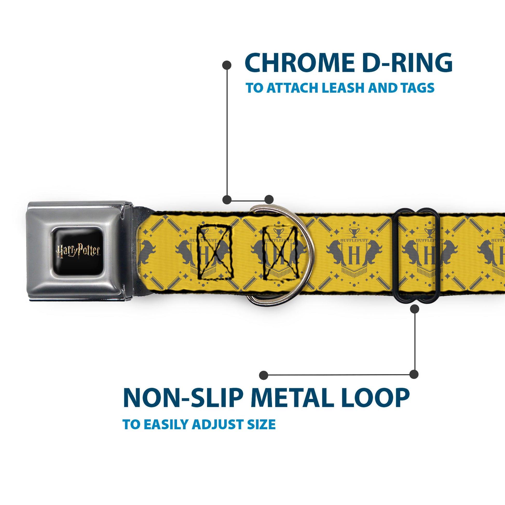 HARRY POTTER Title Logo Full Color Black Seatbelt Buckle Collar - Harry Potter Hufflepuff House Pride Banner Yellow/Gray Seatbelt Buckle Collars Harry Potter