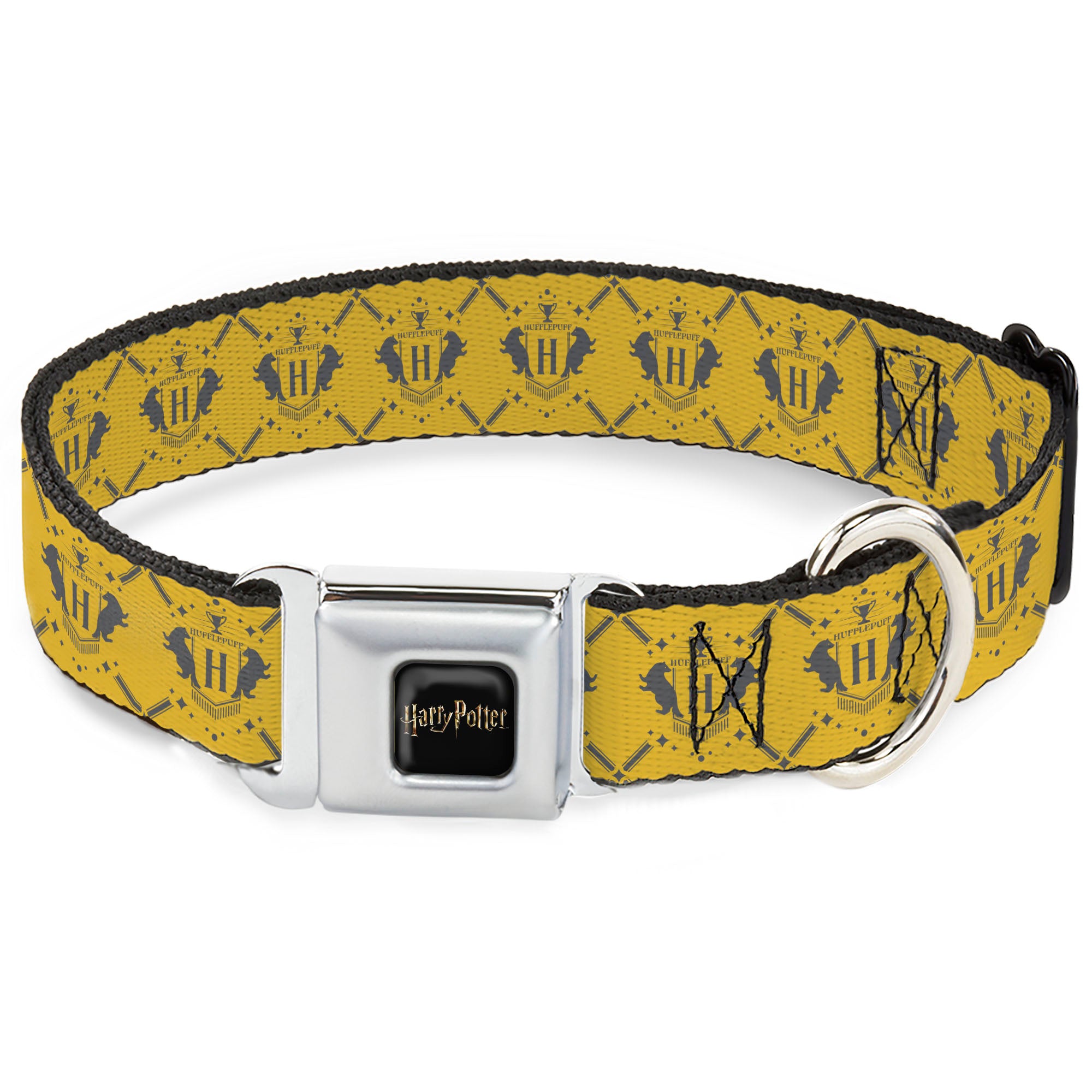 HARRY POTTER Title Logo Full Color Black Seatbelt Buckle Collar - Harry Potter Hufflepuff House Pride Banner Yellow/Gray Seatbelt Buckle Collars Harry Potter