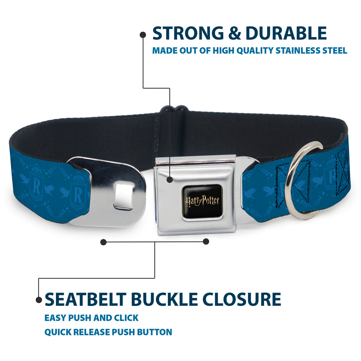 HARRY POTTER Title Logo Full Color Black Seatbelt Buckle Collar - Harry Potter Ravenclaw House Pride Banner Blues Dog Collars Seatbelt Buckle Harry Potter