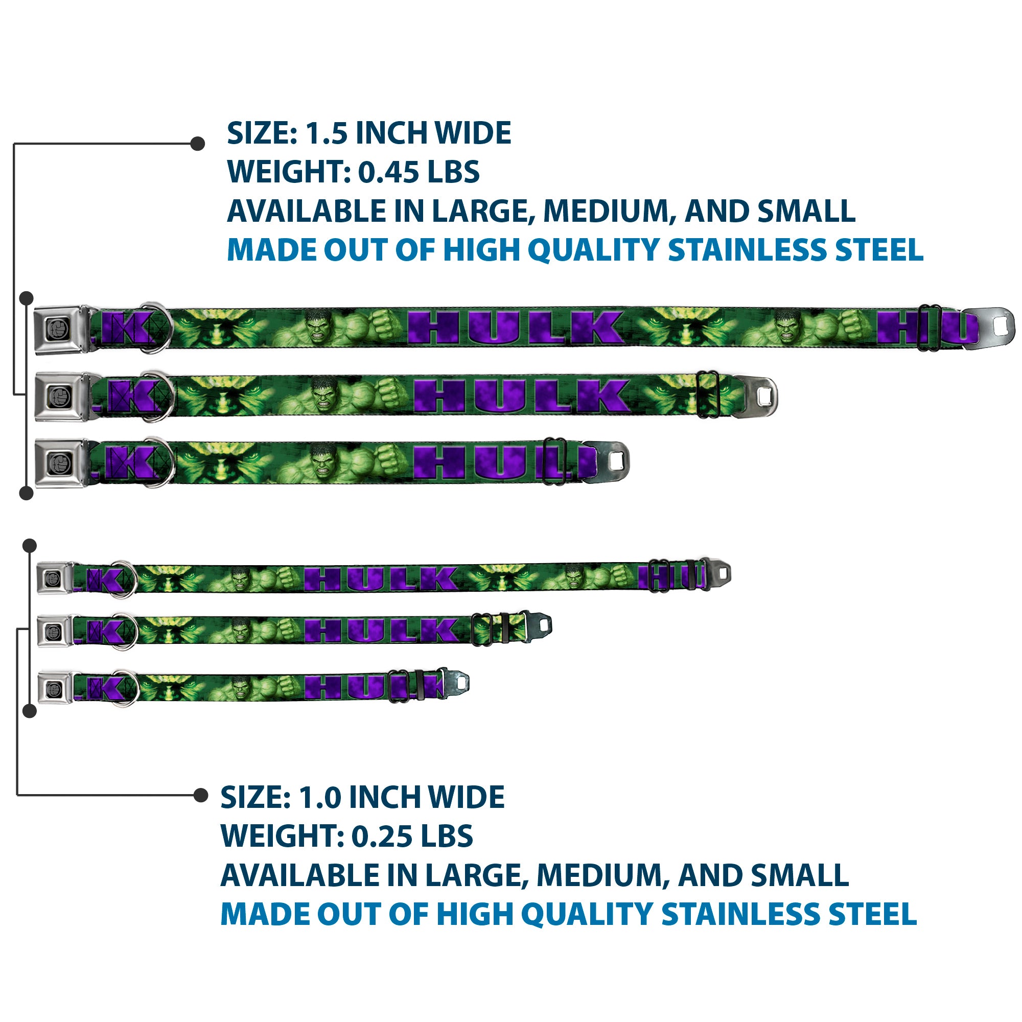 MARVEL AVENGERS Hulk Avengers Icon Black Silver Seatbelt Buckle Collar - HULK Face CLOSE-UP/Action Pose Greens/Purples Seatbelt Buckle Collars Marvel Comics