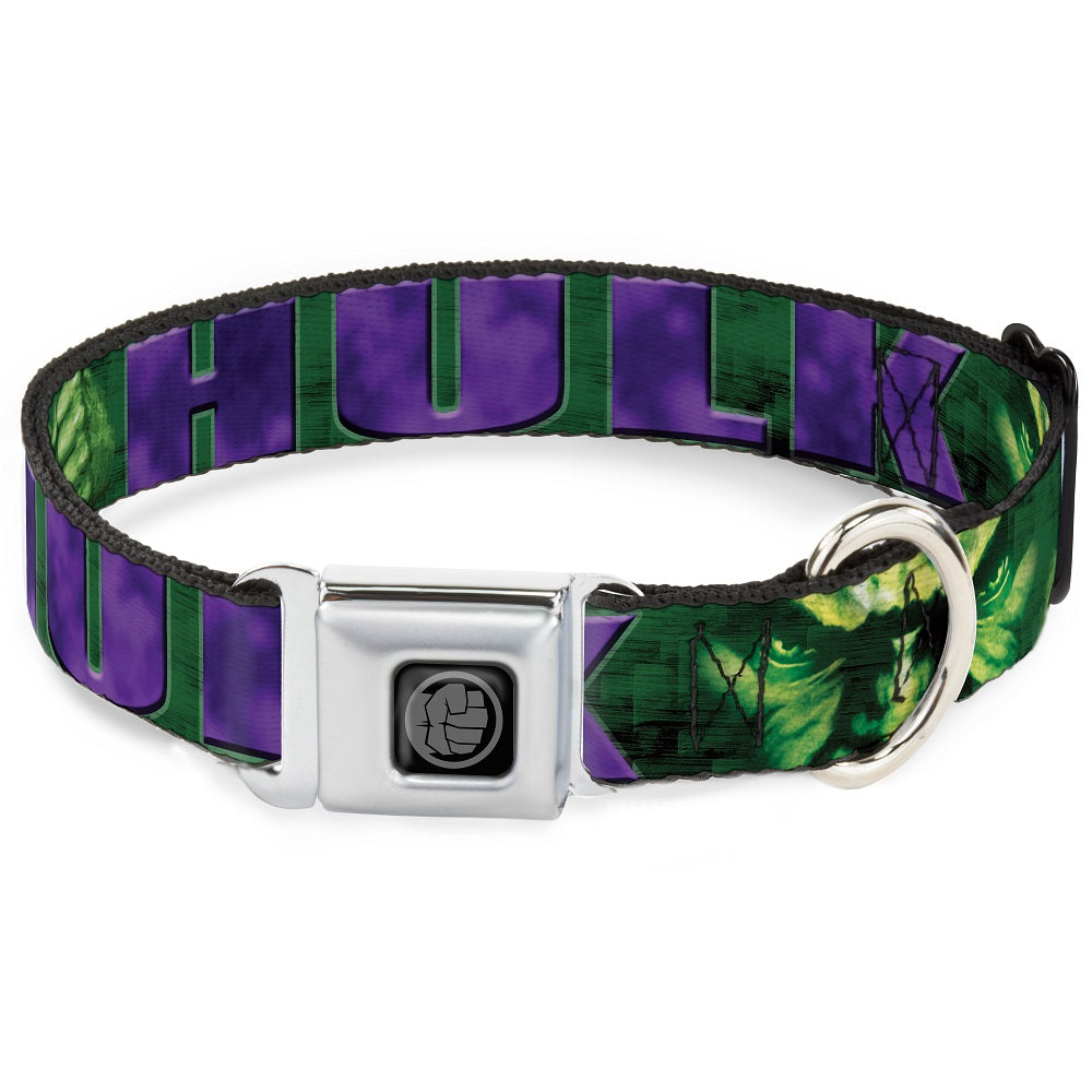 MARVEL AVENGERS Hulk Avengers Icon Black Silver Seatbelt Buckle Collar - HULK Face CLOSE-UP/Action Pose Greens/Purples Seatbelt Buckle Collars Marvel Comics