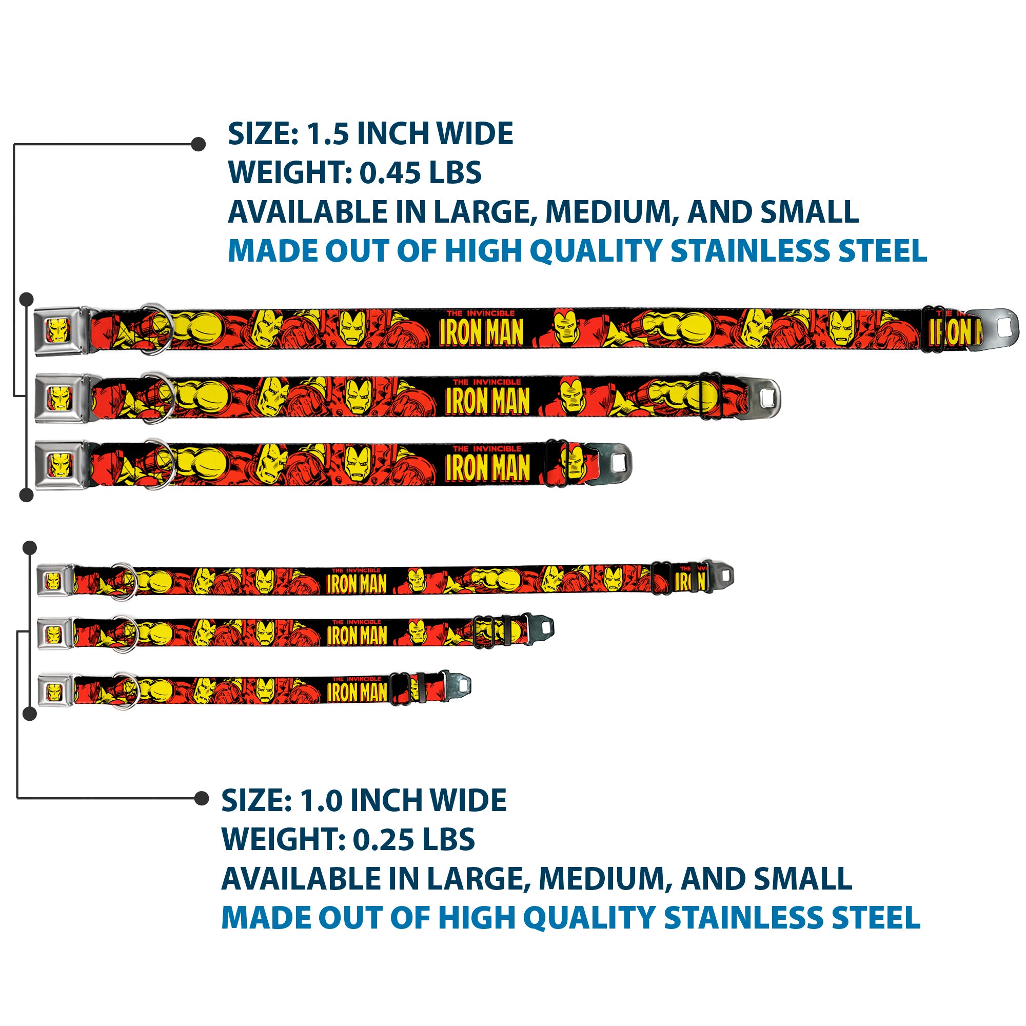 MARVEL COMICS Iron Man Face Full Color Red Yellow Seatbelt Buckle Collar - THE INVINCIBLE IRON MAN Action Poses Black/Red/Yellow Seatbelt Buckle Collars Marvel Comics