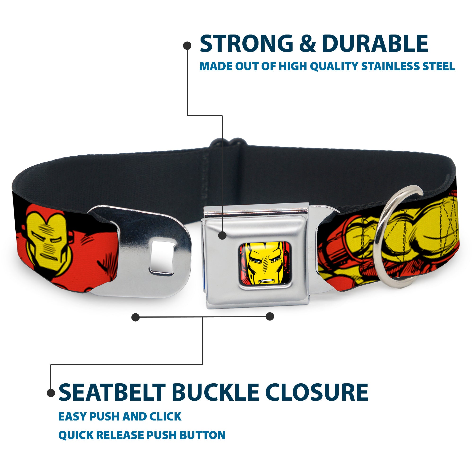 MARVEL COMICS Iron Man Face Full Color Red Yellow Seatbelt Buckle Collar - THE INVINCIBLE IRON MAN Action Poses Black/Red/Yellow Seatbelt Buckle Collars Marvel Comics