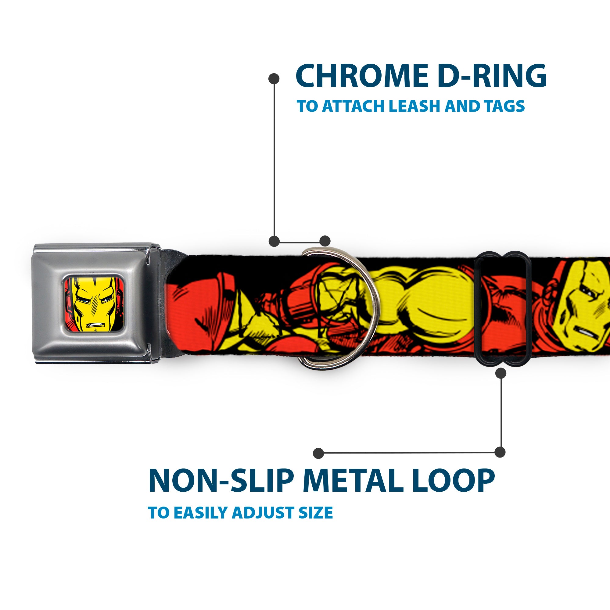 MARVEL COMICS Iron Man Face Full Color Red Yellow Seatbelt Buckle Collar - THE INVINCIBLE IRON MAN Action Poses Black/Red/Yellow Seatbelt Buckle Collars Marvel Comics