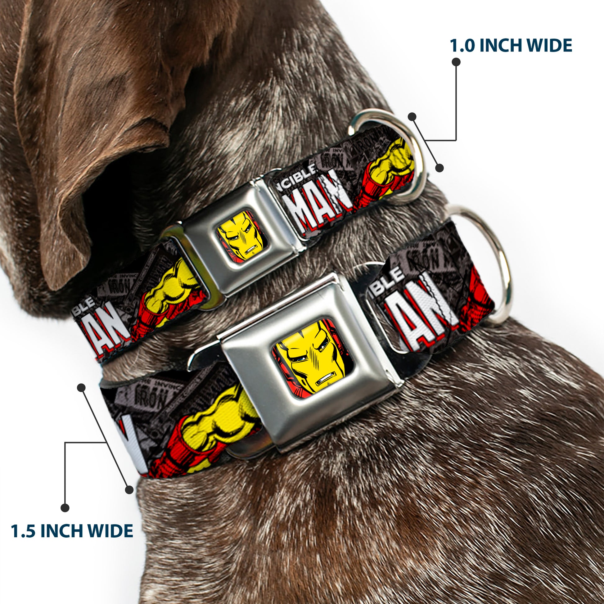 MARVEL COMICS Iron Man Face Full Color Red Yellow Seatbelt Buckle Collar - THE INVINCIBLE IRON MAN Stacked Comic Books/Action Poses Seatbelt Buckle Collars Marvel Comics