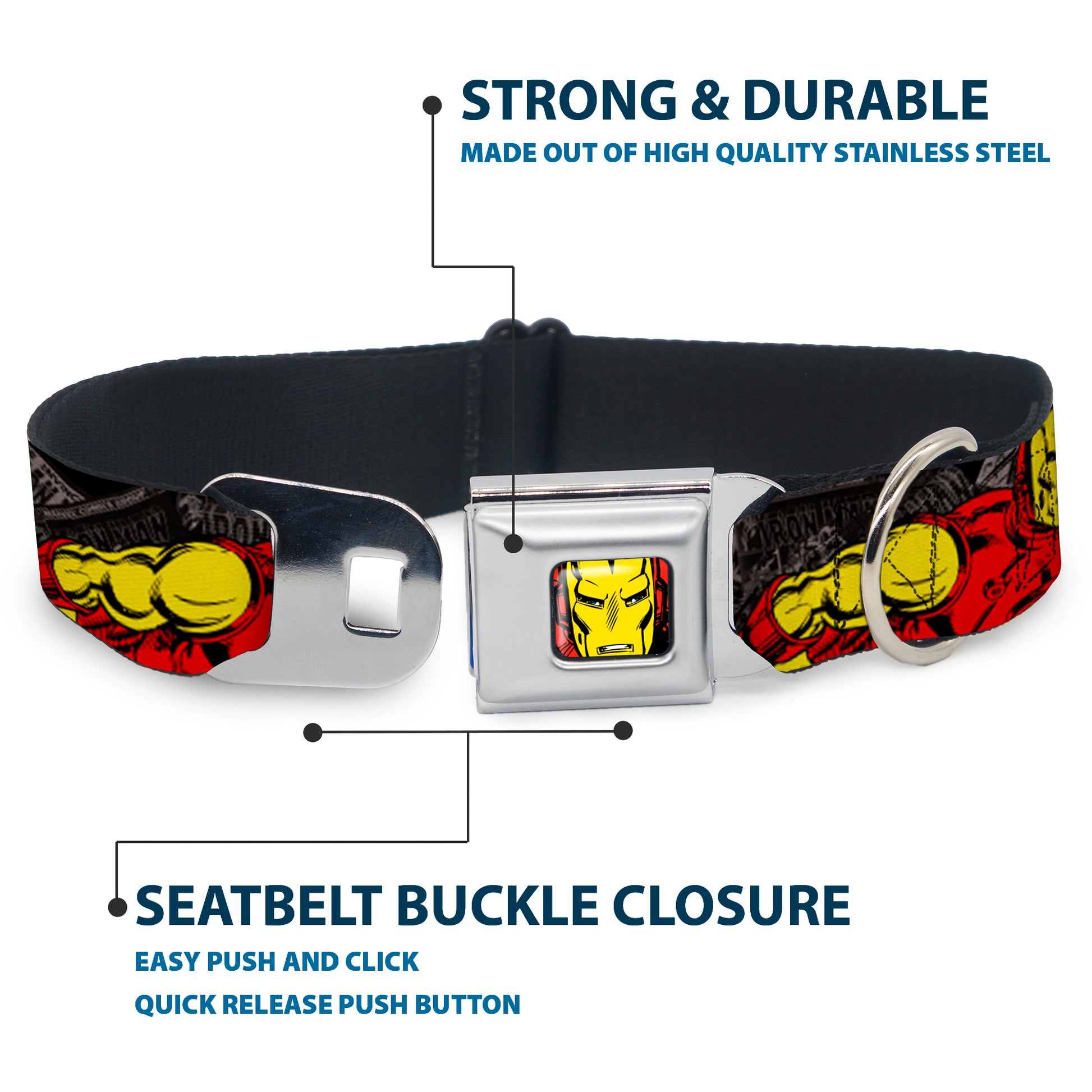 MARVEL COMICS Iron Man Face Full Color Red Yellow Seatbelt Buckle Collar - THE INVINCIBLE IRON MAN Stacked Comic Books/Action Poses Seatbelt Buckle Collars Marvel Comics