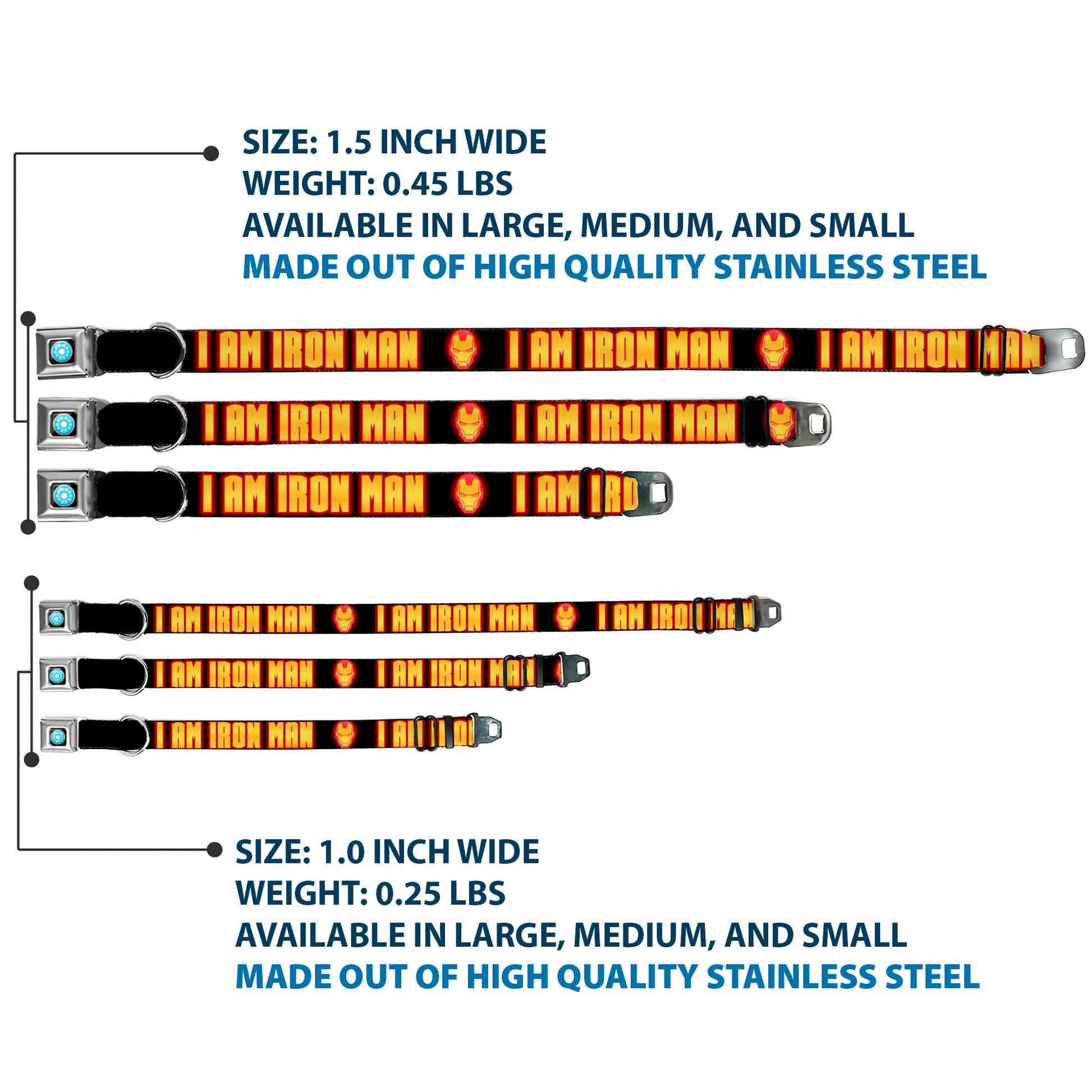 MARVEL UNIVERSE Iron Man Arc Reactor Full Color Seatbelt Buckle Collar - Iron Man Face/I AM IRON MAN Black/Yellow Glow Seatbelt Buckle Collars Marvel Comics