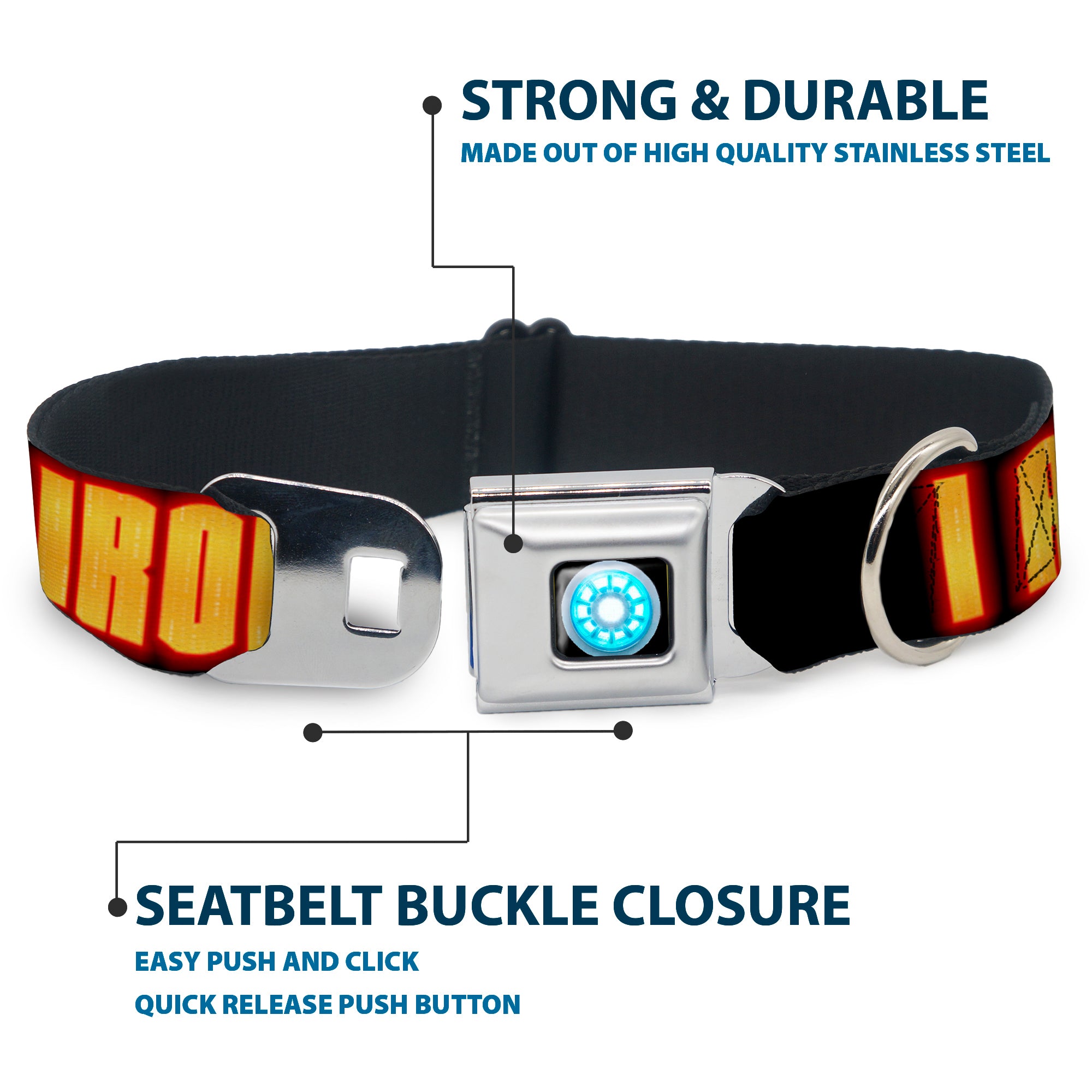 MARVEL UNIVERSE Iron Man Arc Reactor Full Color Seatbelt Buckle Collar - Iron Man Face/I AM IRON MAN Black/Yellow Glow Seatbelt Buckle Collars Marvel Comics