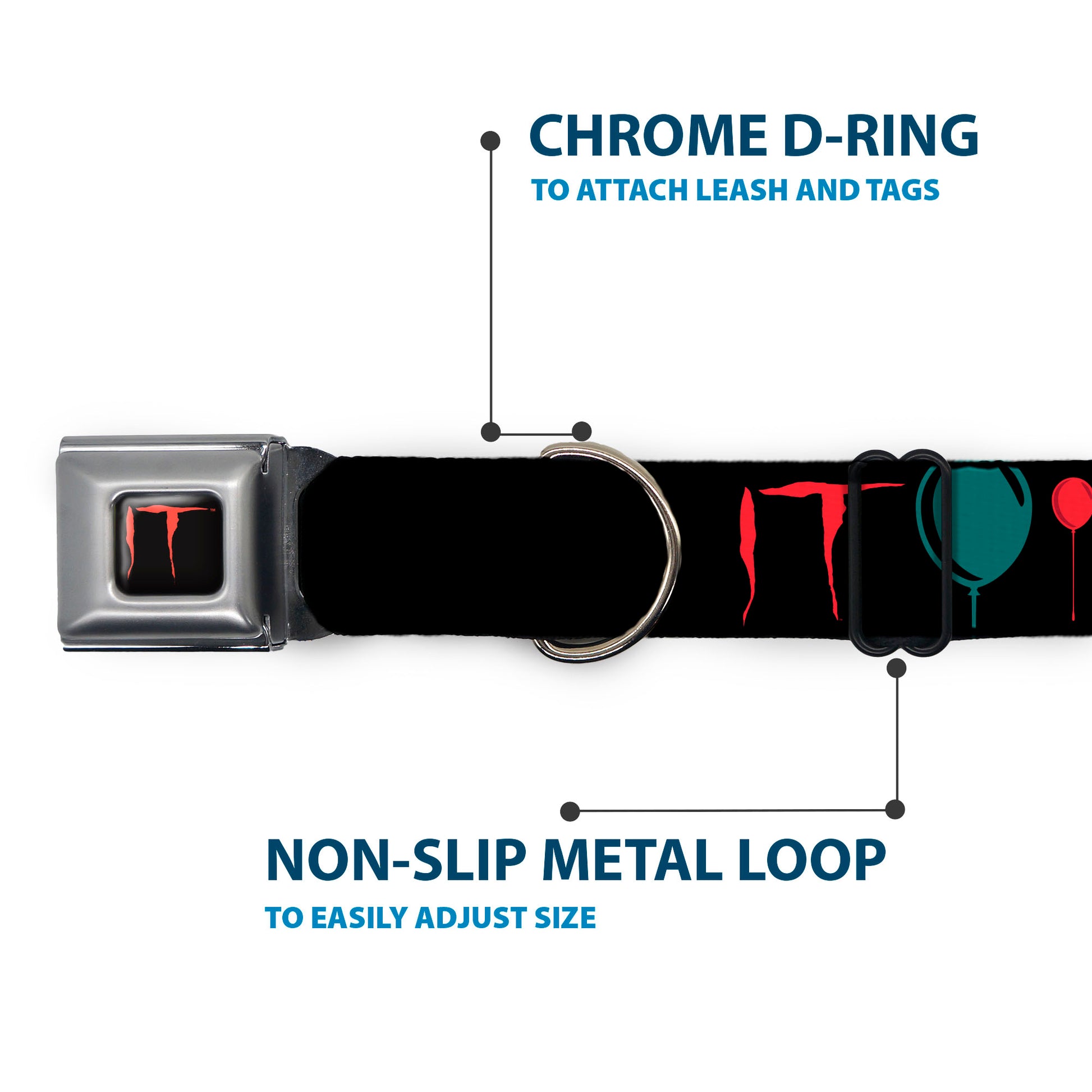 IT Title Logo Full Color Black/Red Seatbelt Buckle Collar - IT Pennywise Face and Balloons TIME TO FLOAT Black/Blues/Reds Seatbelt Buckle Collars IT