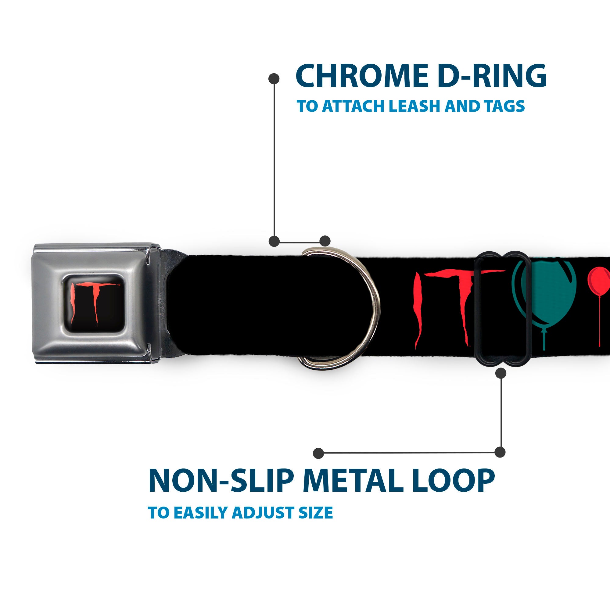 IT Title Logo Full Color Black/Red Seatbelt Buckle Collar - IT Pennywise Face and Balloons TIME TO FLOAT Black/Blues/Reds Seatbelt Buckle Collars IT