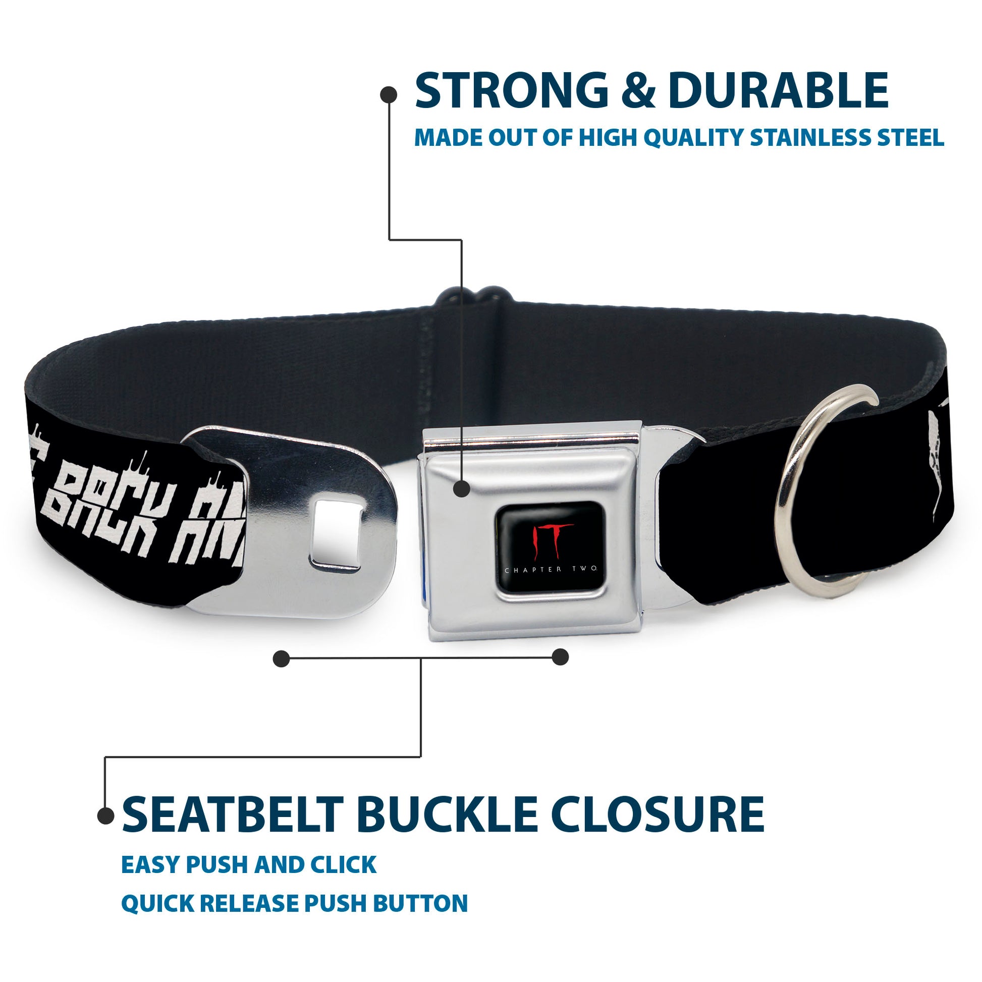 IT Title Logo Full Color Black/Red Seatbelt Buckle Collar - IT Pennywise Face Close-Up COME HOME-COME BACK AND PLAY Black/White Seatbelt Buckle Collars IT