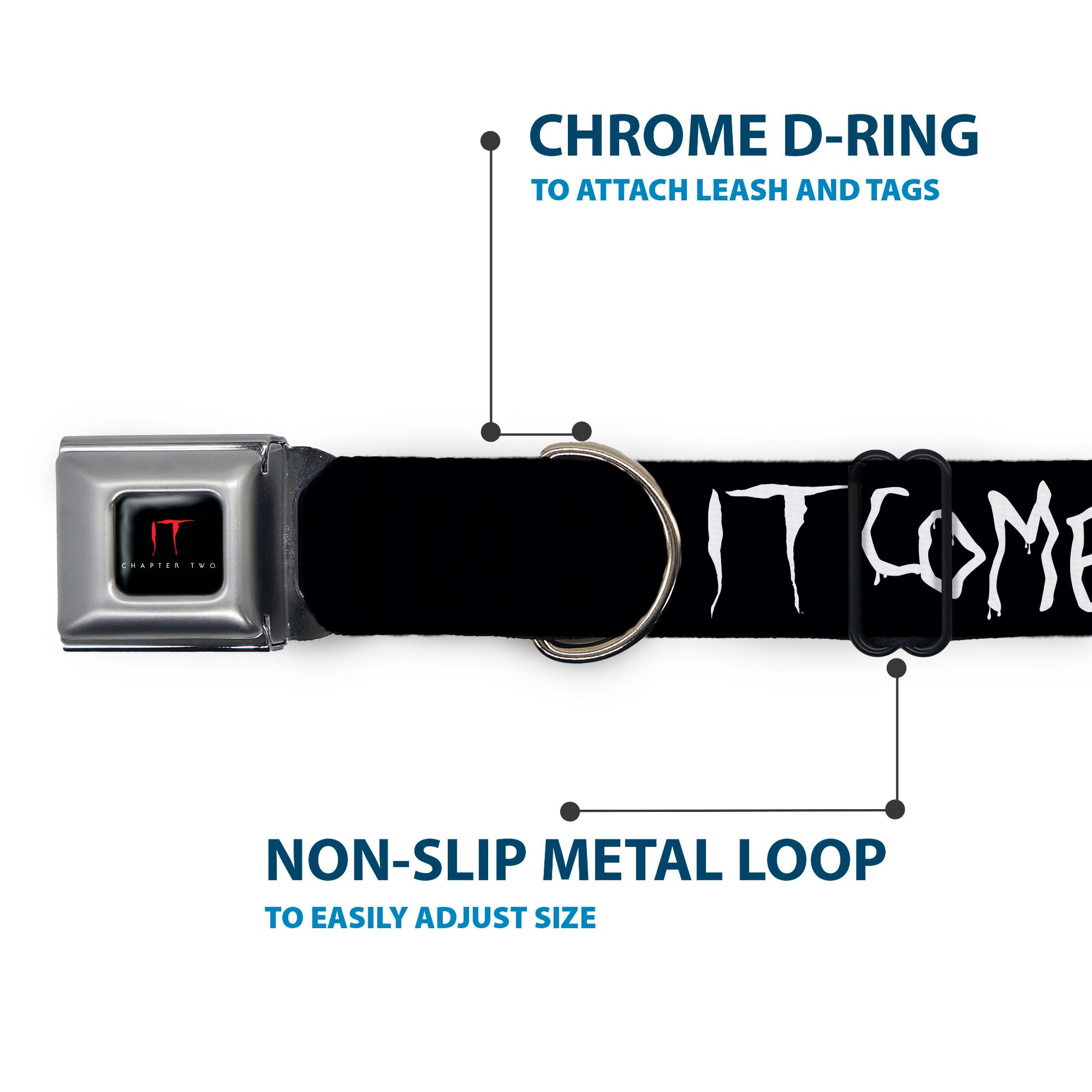 IT Title Logo Full Color Black/Red Seatbelt Buckle Collar - IT Pennywise Face Close-Up COME HOME-COME BACK AND PLAY Black/White Seatbelt Buckle Collars IT