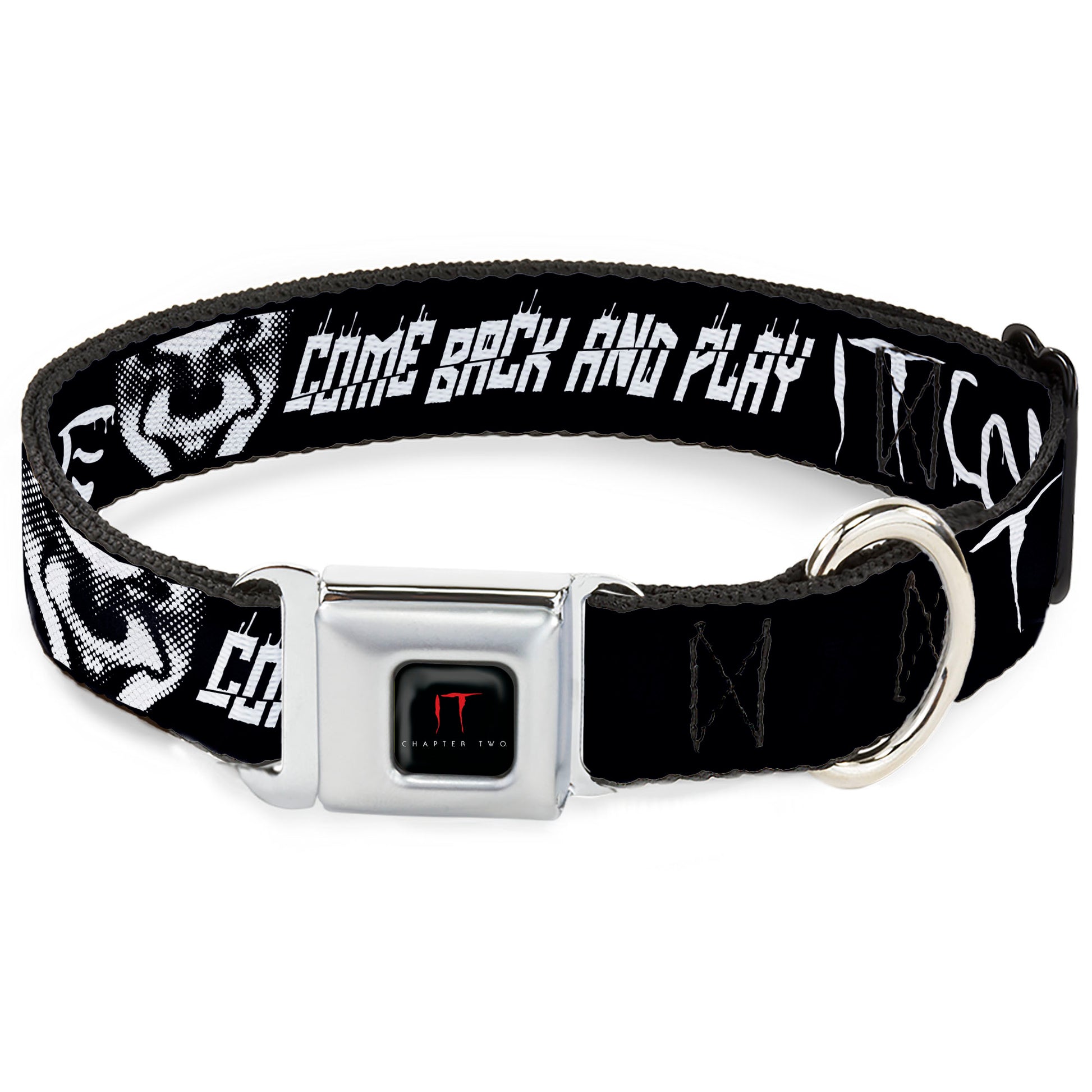 IT Title Logo Full Color Black/Red Seatbelt Buckle Collar - IT Pennywise Face Close-Up COME HOME-COME BACK AND PLAY Black/White Seatbelt Buckle Collars IT