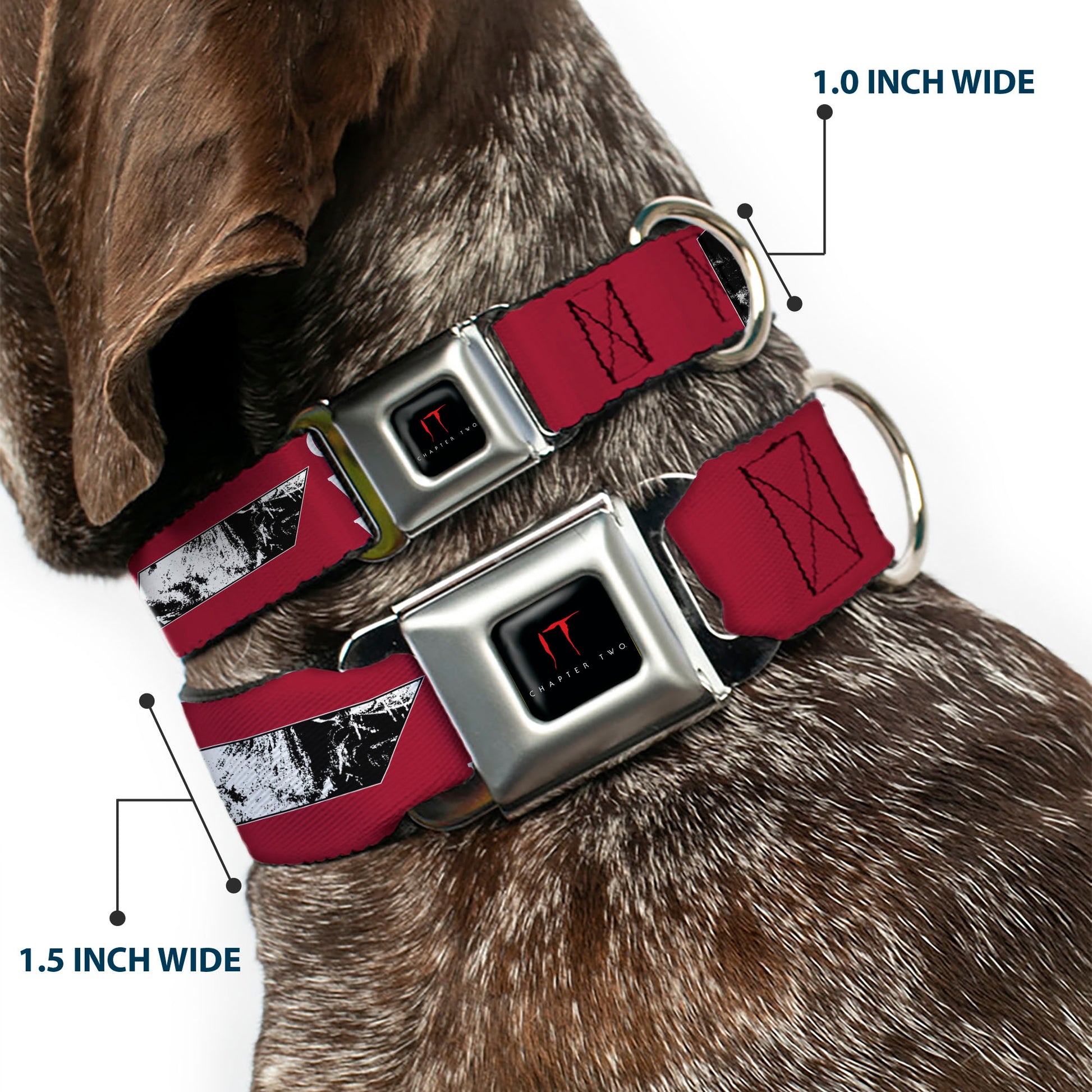 IT Title Logo Full Color Black/Red Seatbelt Buckle Collar - IT Pennywise Poses and Quotes Collage Red/White/Grays Seatbelt Buckle Collars IT