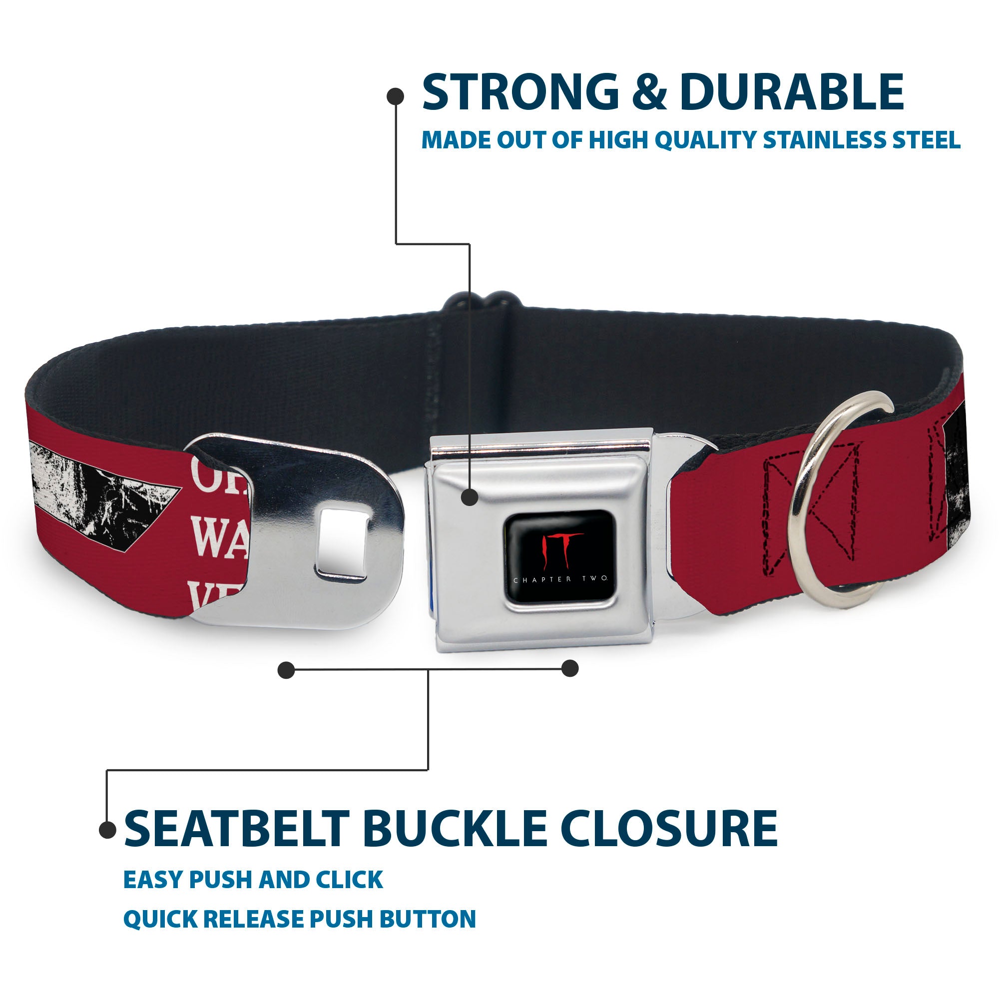 IT Title Logo Full Color Black/Red Seatbelt Buckle Collar - IT Pennywise Poses and Quotes Collage Red/White/Grays Seatbelt Buckle Collars IT