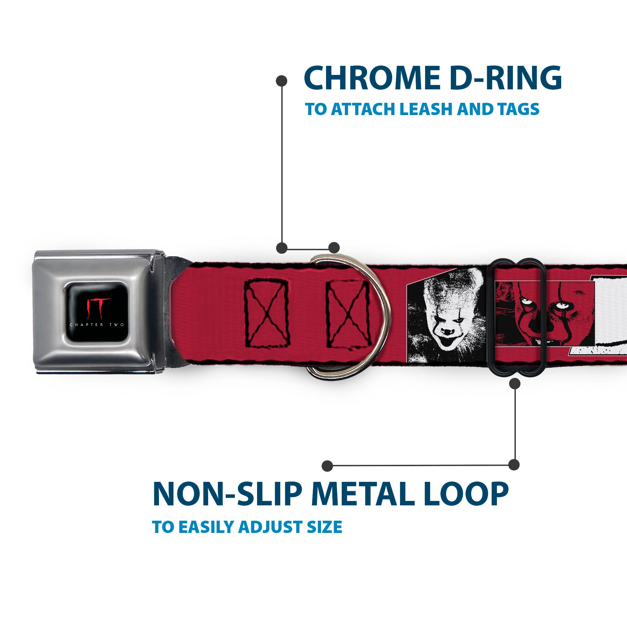 IT Title Logo Full Color Black/Red Seatbelt Buckle Collar - IT Pennywise Poses and Quotes Collage Red/White/Grays Seatbelt Buckle Collars IT