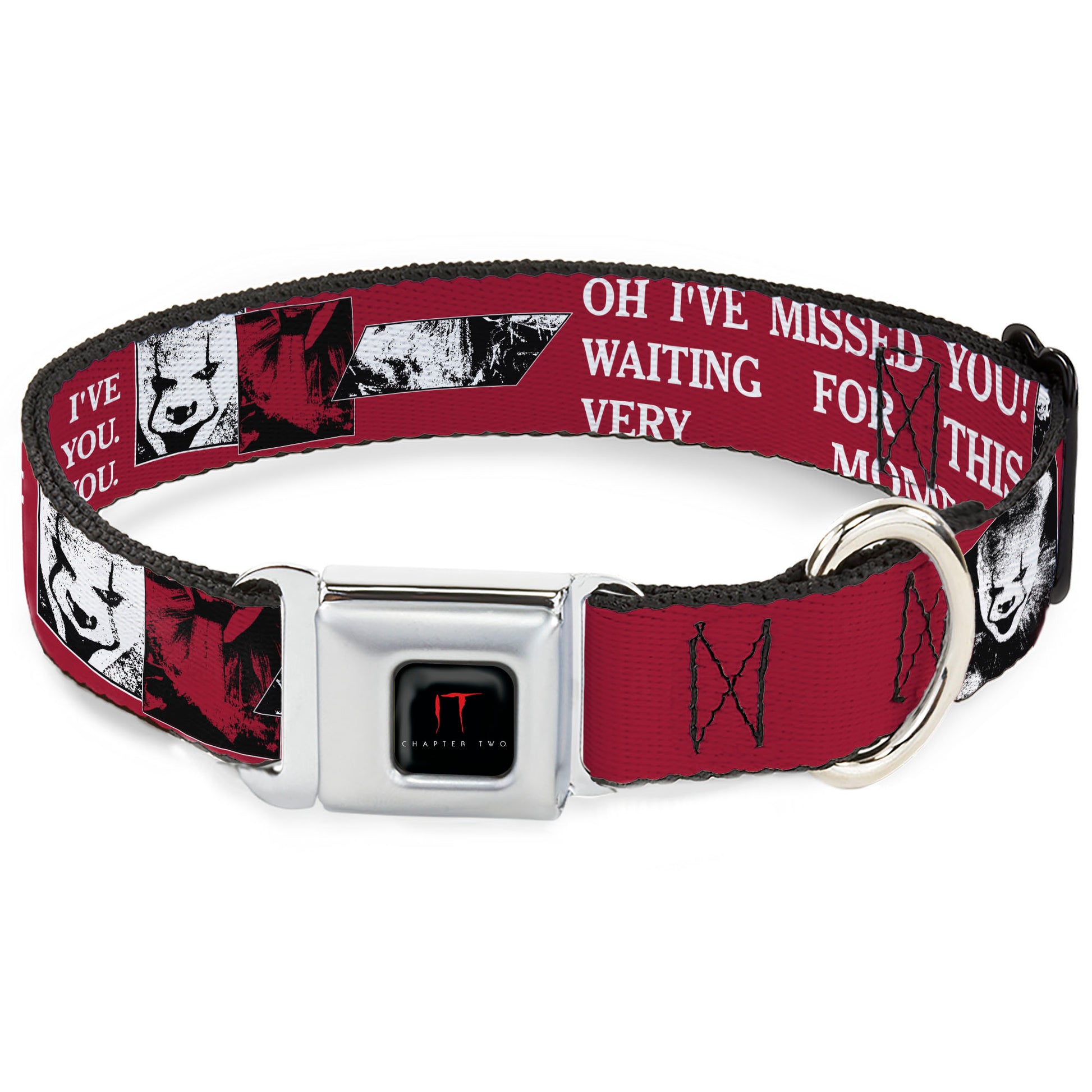 IT Title Logo Full Color Black/Red Seatbelt Buckle Collar - IT Pennywise Poses and Quotes Collage Red/White/Grays Seatbelt Buckle Collars IT