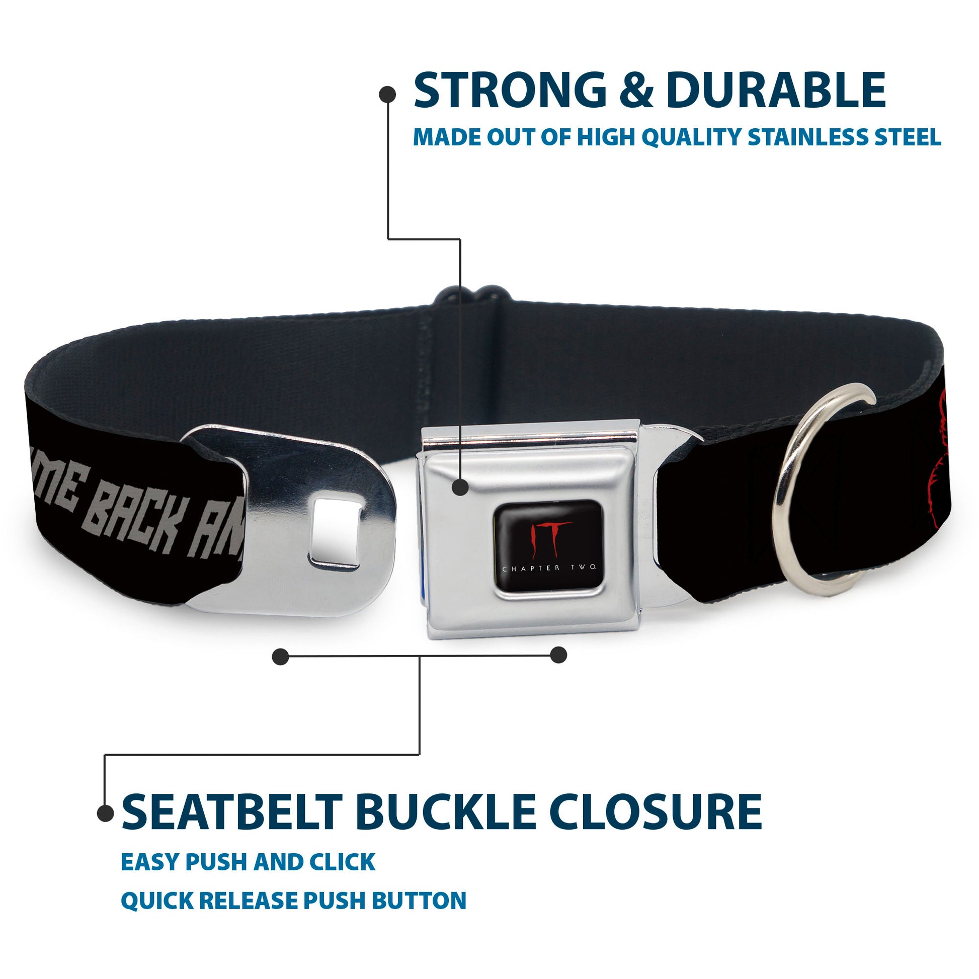 IT Title Logo Full Color Black/Red Seatbelt Buckle Collar - IT Pennywise Face COME BACK AND PLAY Black/Red/Gray Seatbelt Buckle Collars IT