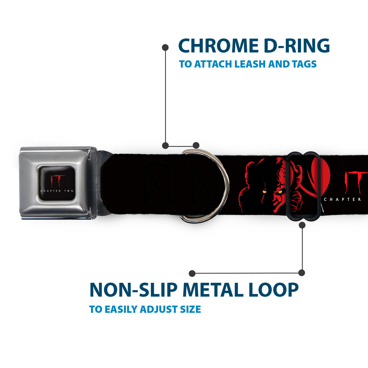 IT Title Logo Full Color Black/Red Seatbelt Buckle Collar - IT Pennywise Face COME BACK AND PLAY Black/Red/Gray Seatbelt Buckle Collars IT