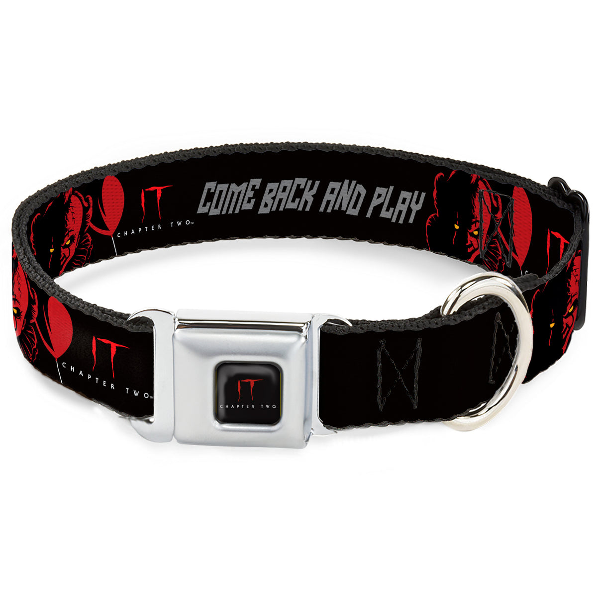 IT Title Logo Full Color Black/Red Seatbelt Buckle Collar - IT Pennywise Face COME BACK AND PLAY Black/Red/Gray Seatbelt Buckle Collars IT
