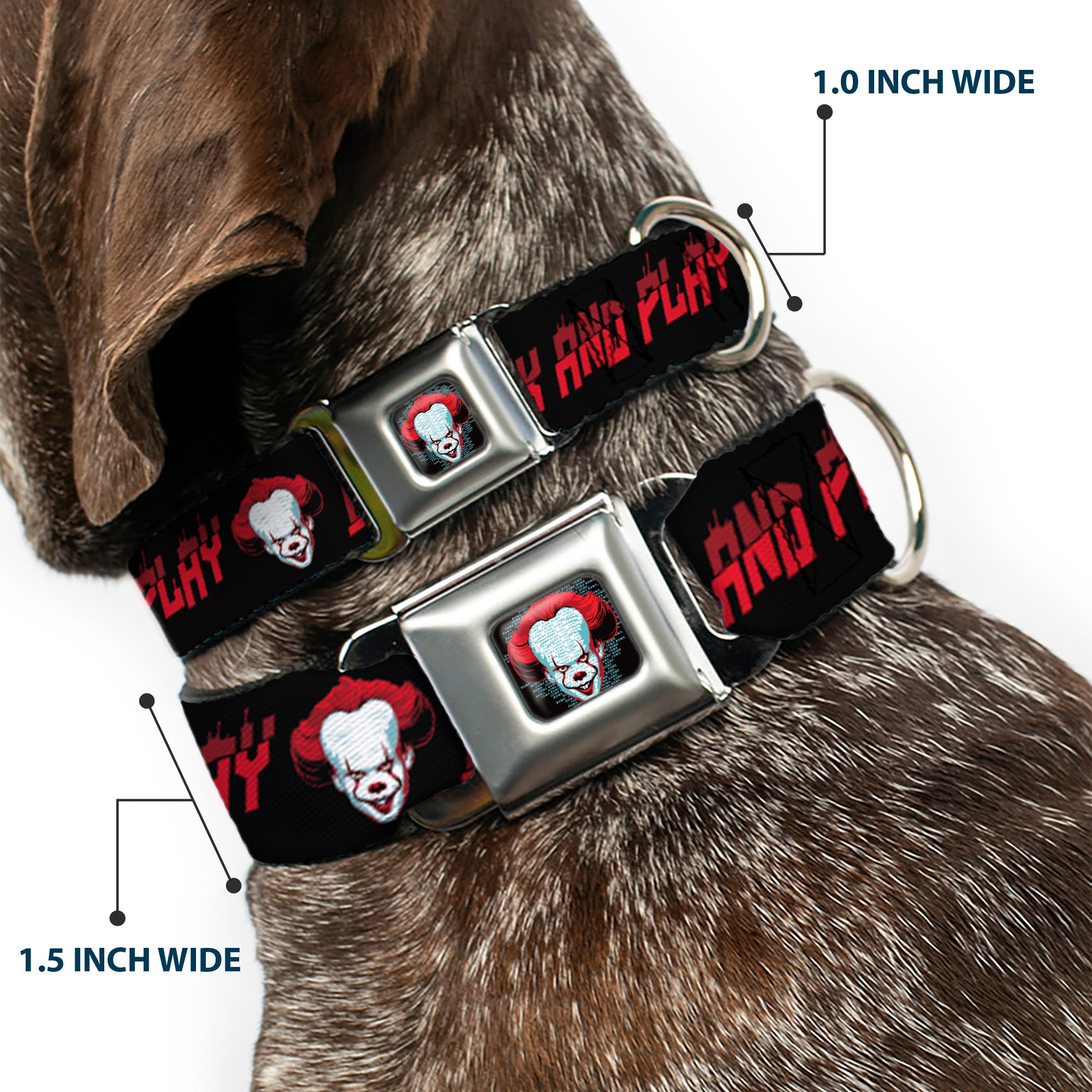It Chapter Two Pennywise Face Full Color Black/Reds/Blues Seatbelt Buckle Collar - It Chapter Two Pennywise Face COME BACK AND PLAY Black/Reds Seatbelt Buckle Collars IT