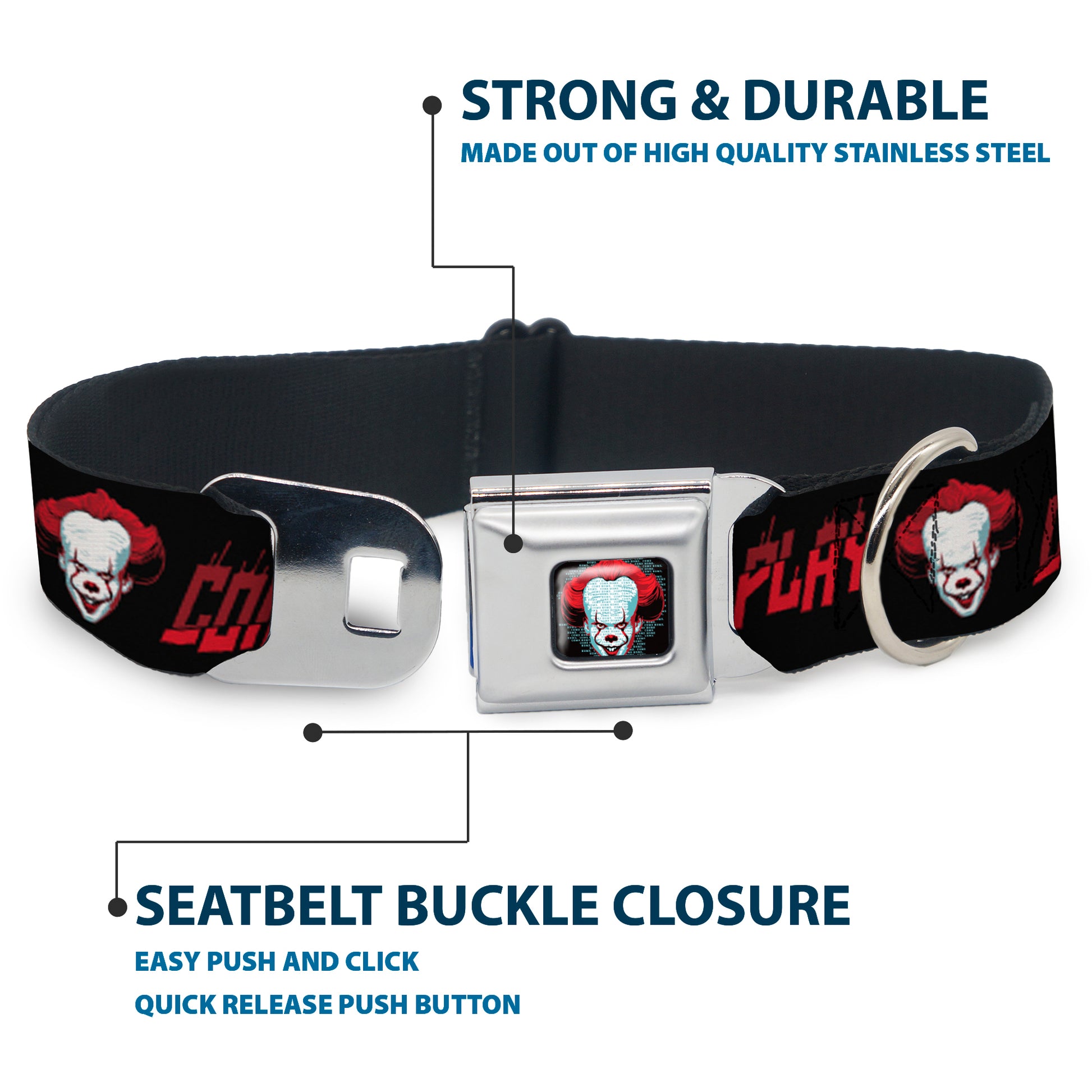It Chapter Two Pennywise Face Full Color Black/Reds/Blues Seatbelt Buckle Collar - It Chapter Two Pennywise Face COME BACK AND PLAY Black/Reds Seatbelt Buckle Collars IT