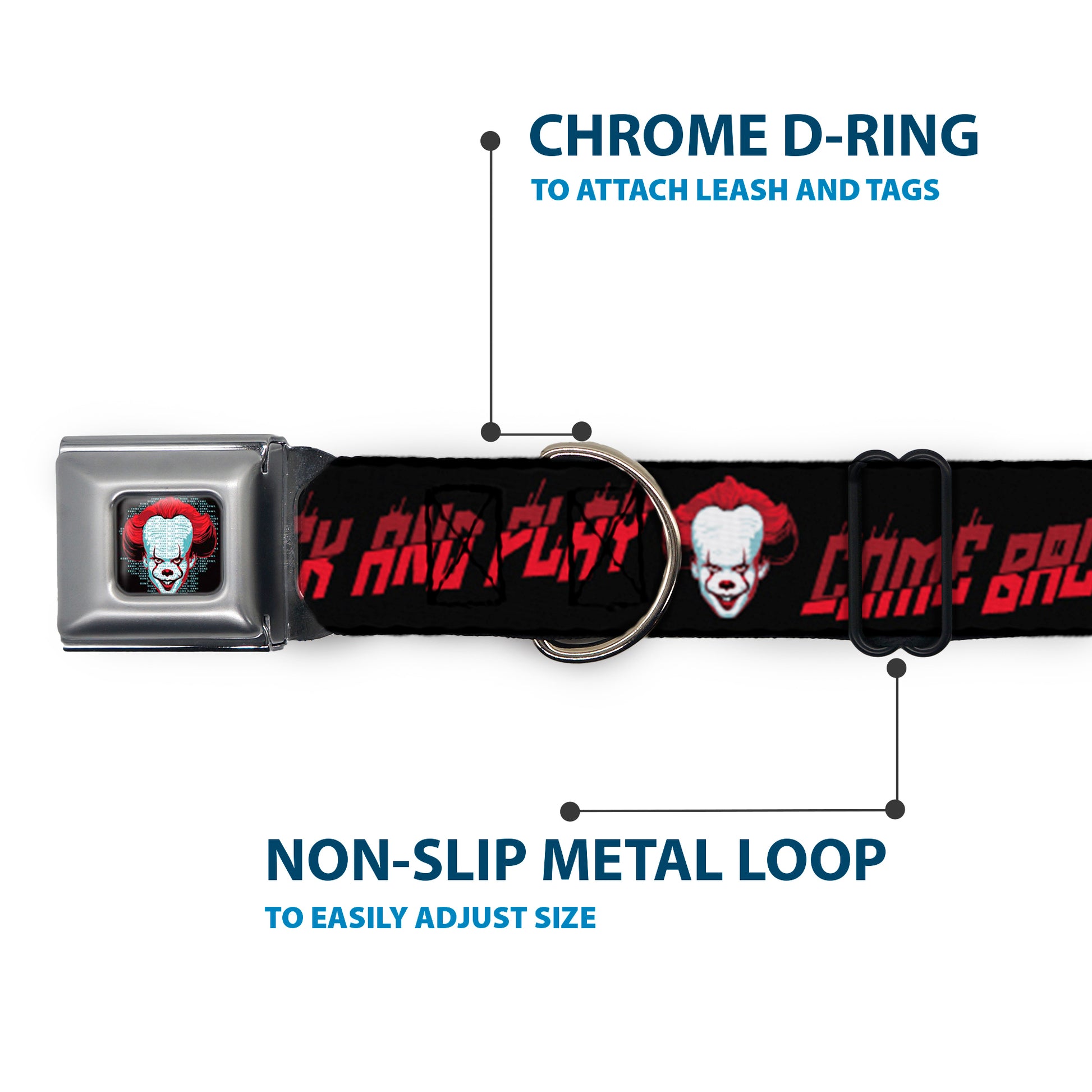 It Chapter Two Pennywise Face Full Color Black/Reds/Blues Seatbelt Buckle Collar - It Chapter Two Pennywise Face COME BACK AND PLAY Black/Reds Seatbelt Buckle Collars IT