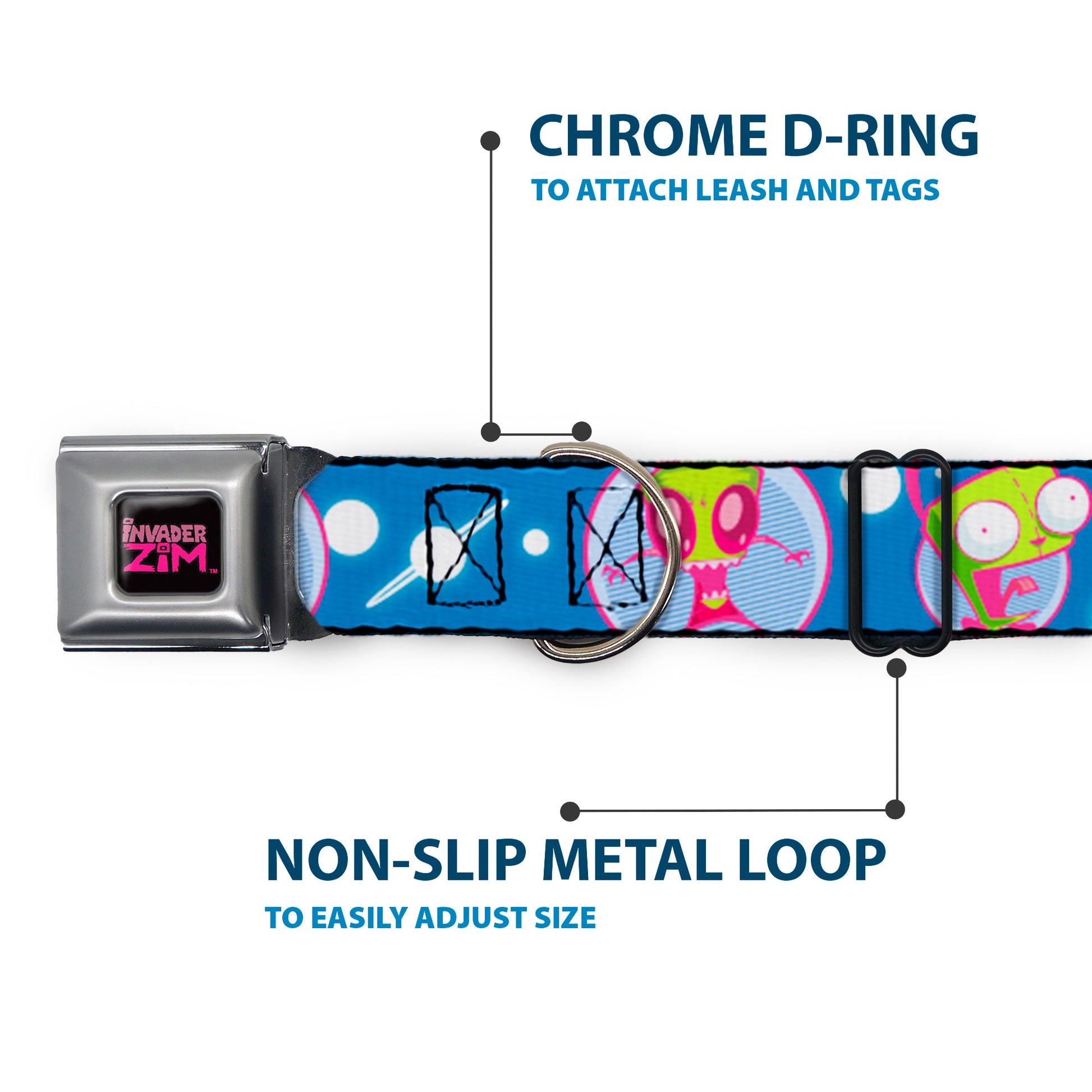 INVADER ZIM Title Logo Full Color Pink/Green Seatbelt Buckle Collar - Invader Zim and GIR Poses and Planets Blue/White Seatbelt Buckle Collars Invader Zim