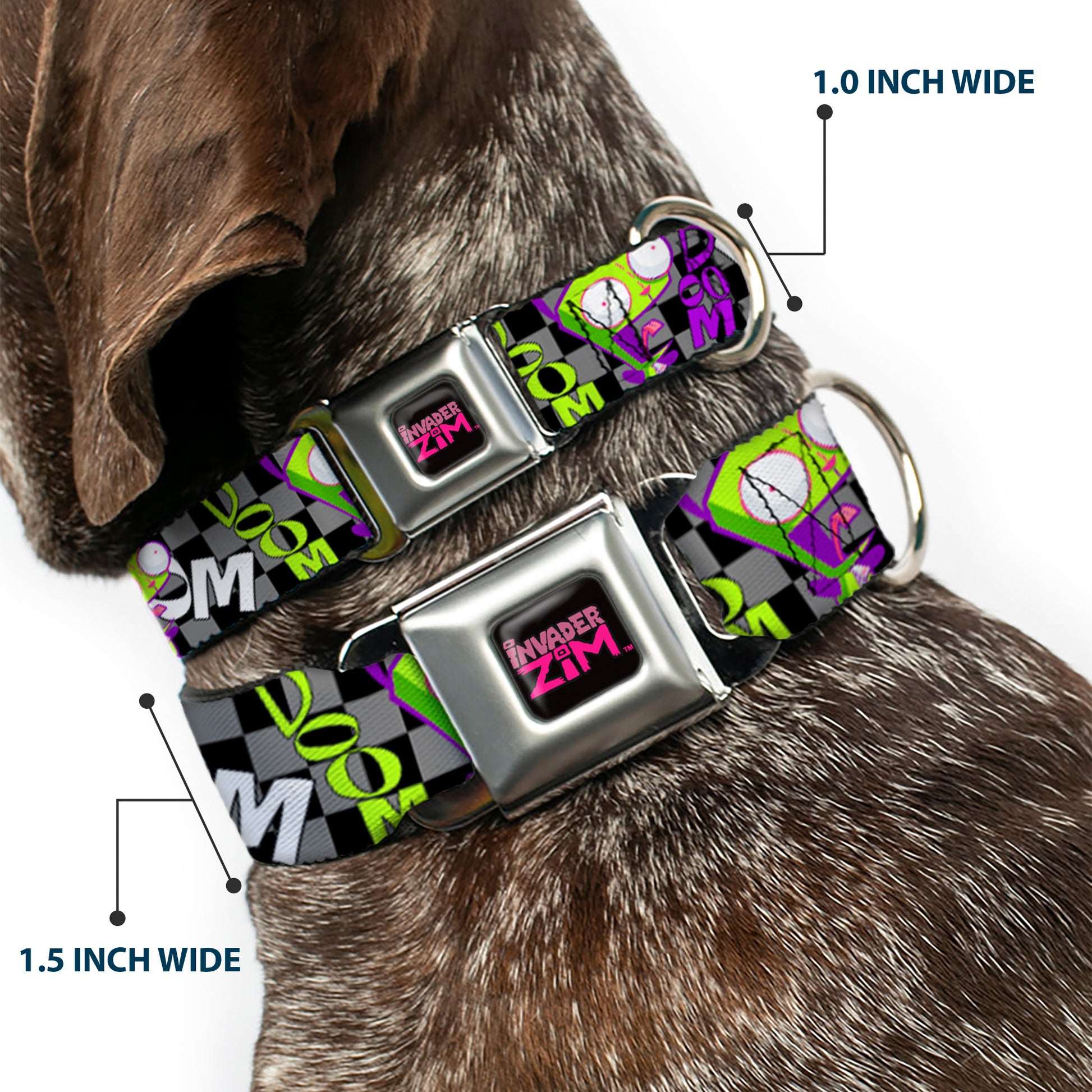 INVADER ZIM Title Logo Full Color Pink/Green Seatbelt Buckle Collar - Invader Zim GIR DOOM Pose Checker Black/Gray Seatbelt Buckle Collars Invader Zim