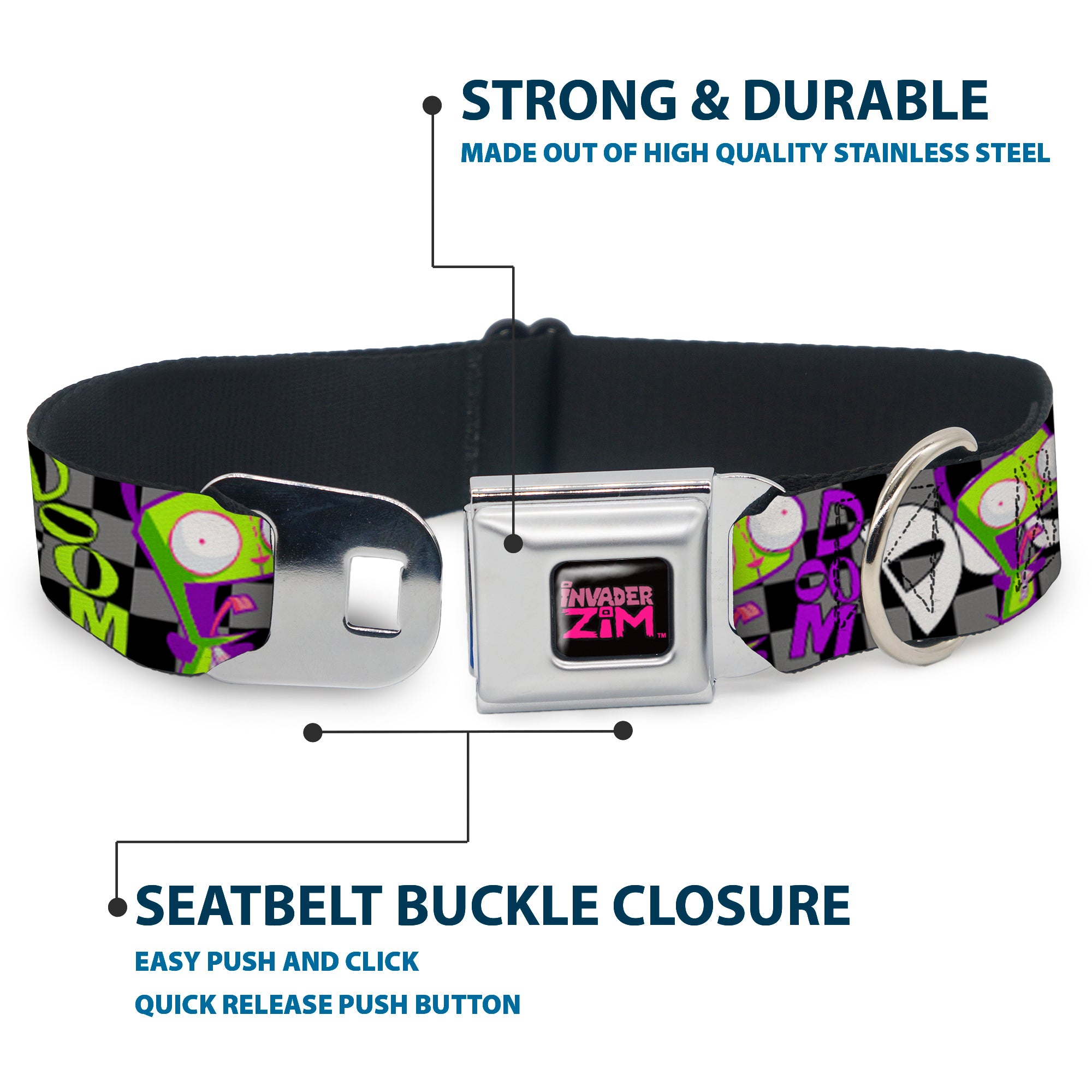 INVADER ZIM Title Logo Full Color Pink/Green Seatbelt Buckle Collar - Invader Zim GIR DOOM Pose Checker Black/Gray Seatbelt Buckle Collars Invader Zim