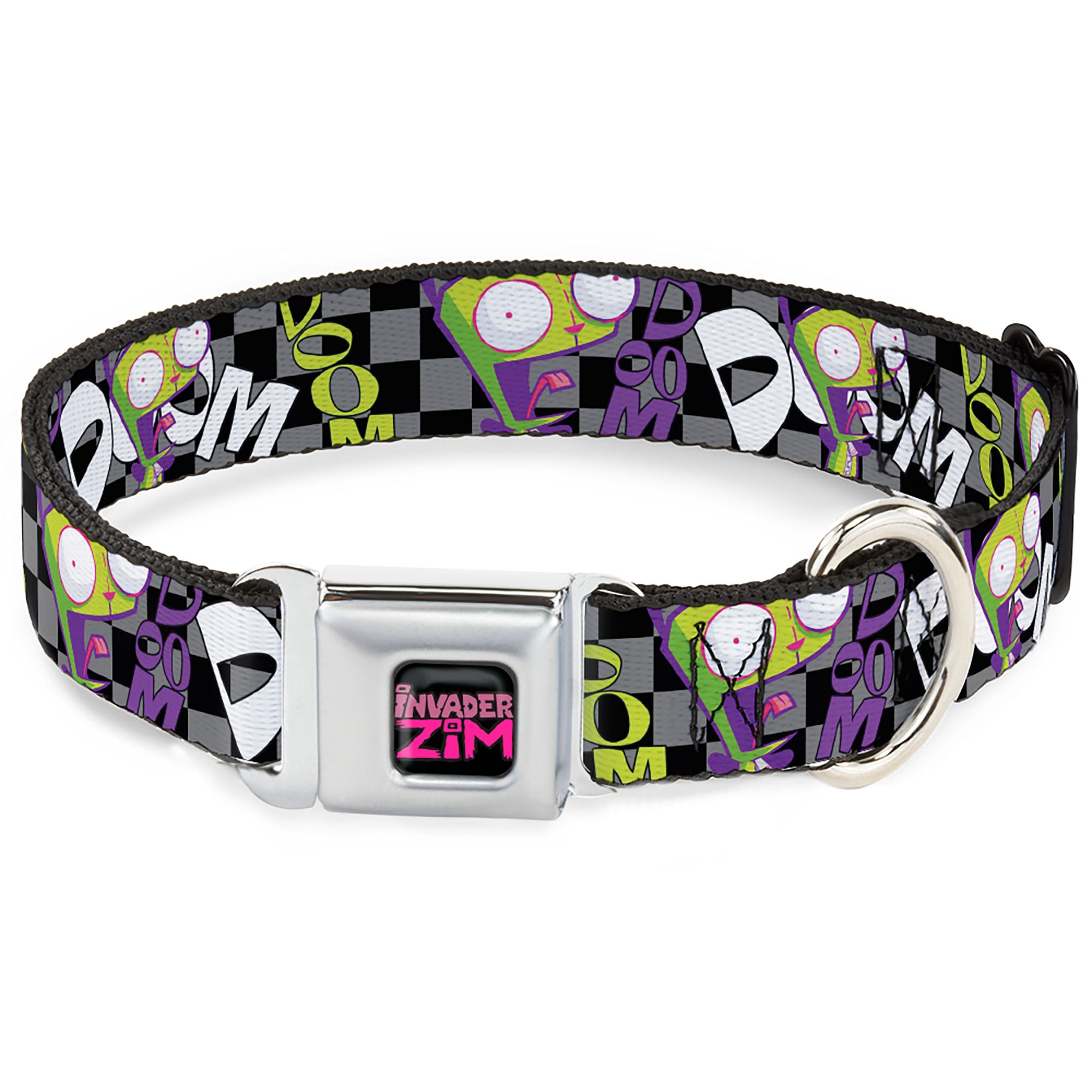INVADER ZIM Title Logo Full Color Pink/Green Seatbelt Buckle Collar - Invader Zim GIR DOOM Pose Checker Black/Gray Seatbelt Buckle Collars Invader Zim