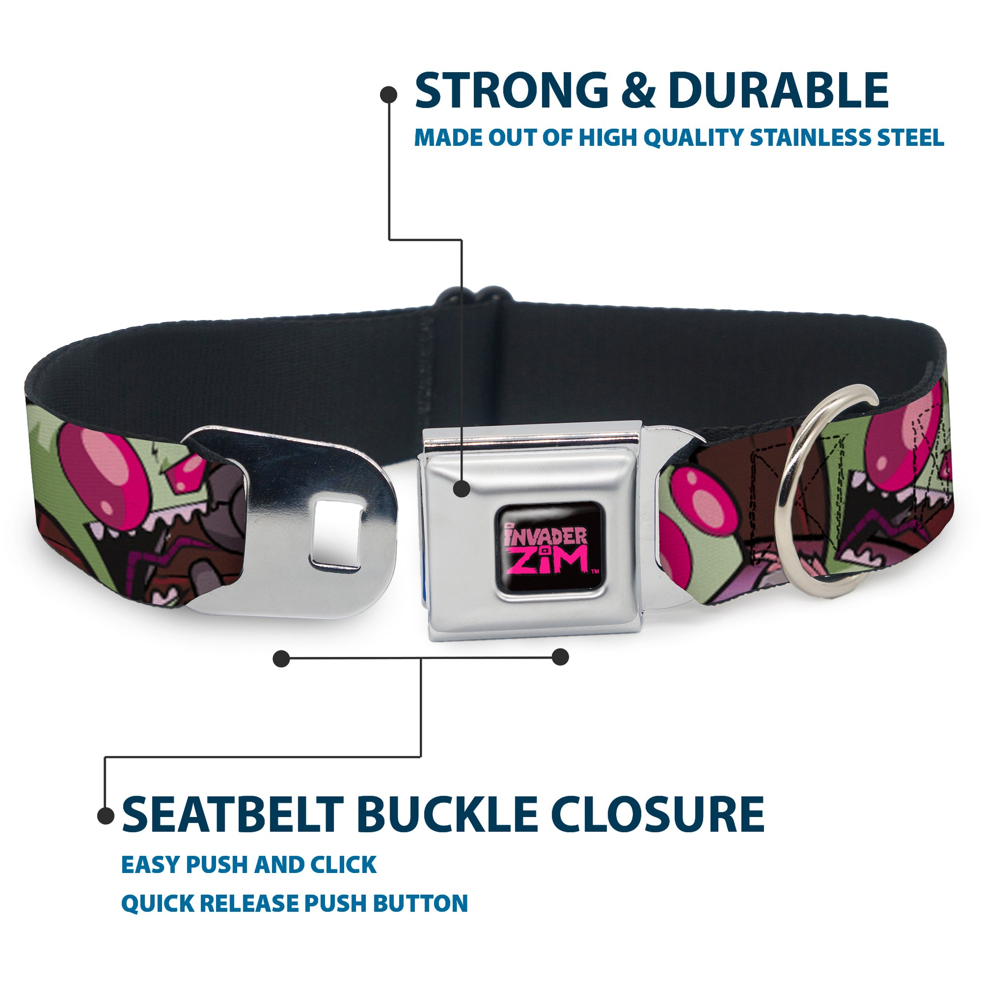 INVADER ZIM Title Logo Full Color Pink/Green Seatbelt Buckle Collar - Invader Zim Close-Up Poses Reds Seatbelt Buckle Collars Invader Zim