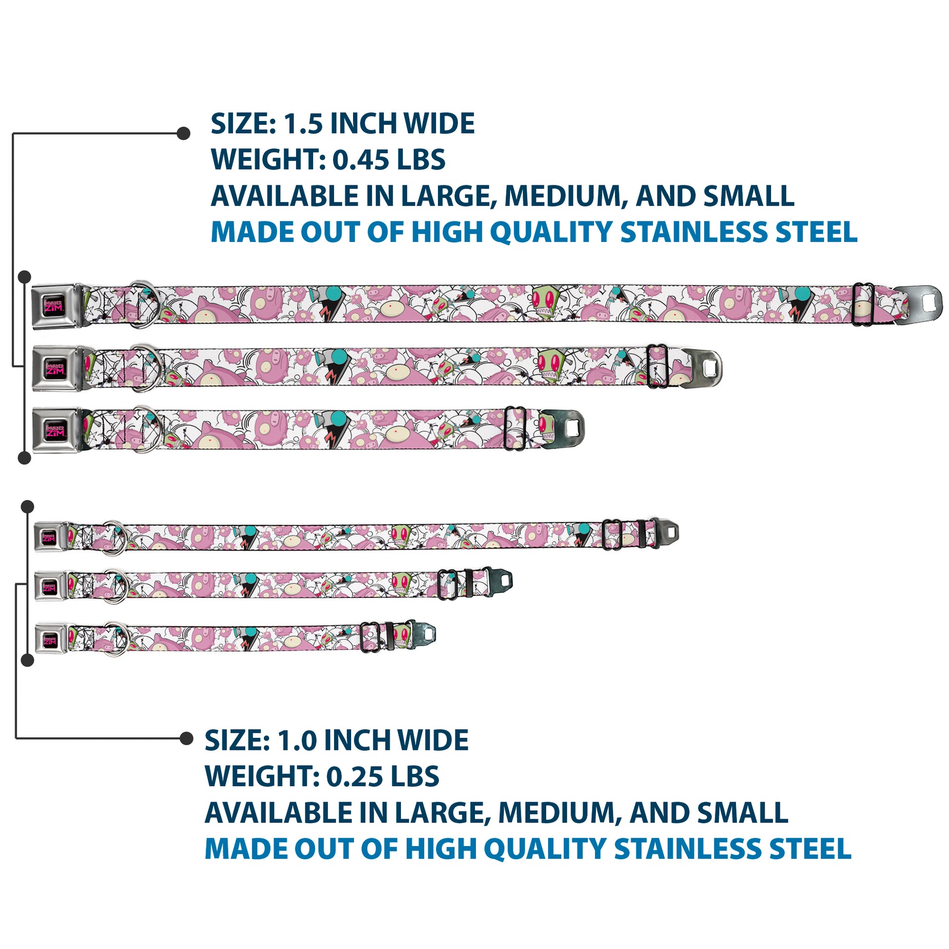 INVADER ZIM Title Logo Full Color Pink/Green Seatbelt Buckle Collar - Invader Zim GIR and Piggy Doddles White/Black Seatbelt Buckle Collars Invader Zim