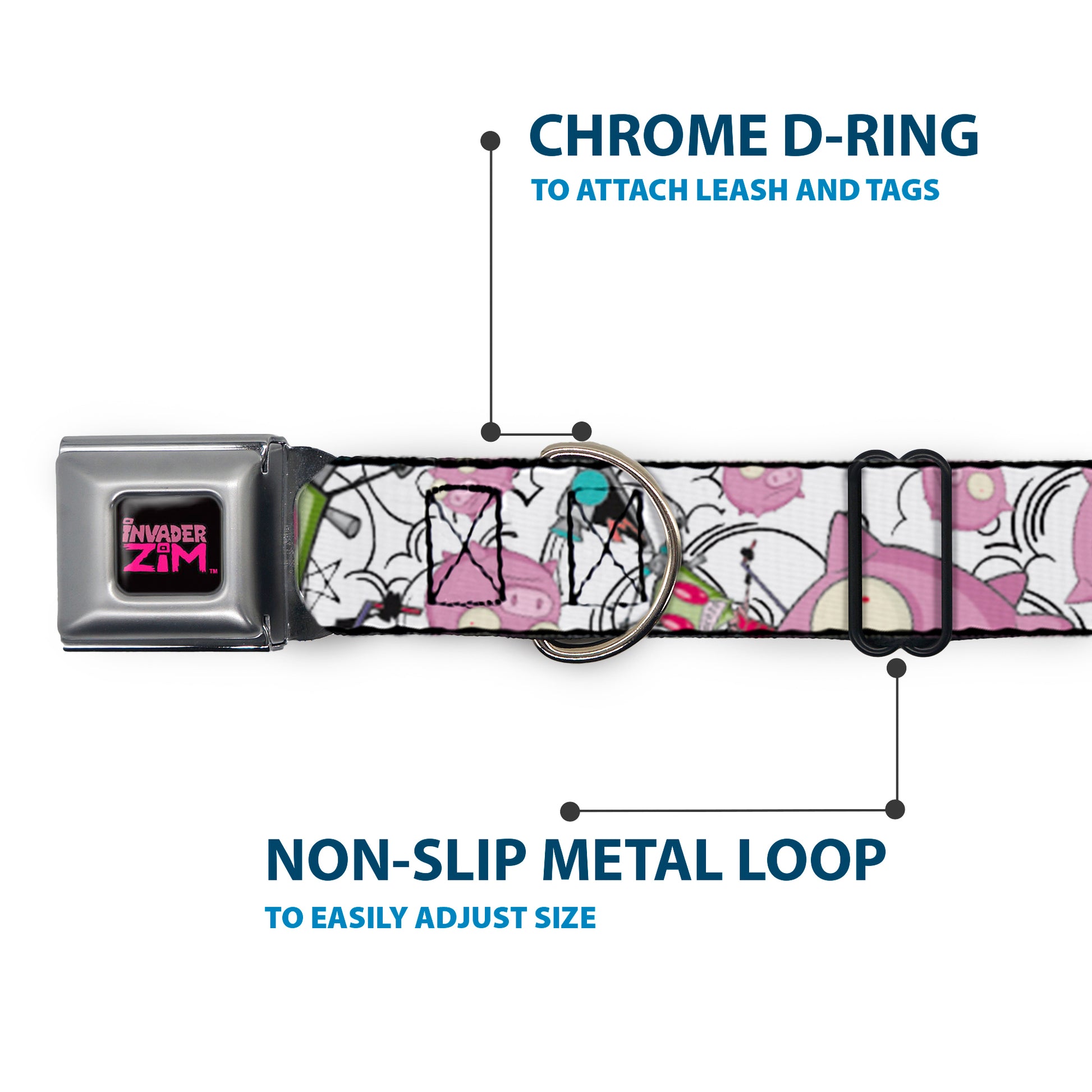 INVADER ZIM Title Logo Full Color Pink/Green Seatbelt Buckle Collar - Invader Zim GIR and Piggy Doddles White/Black Seatbelt Buckle Collars Invader Zim