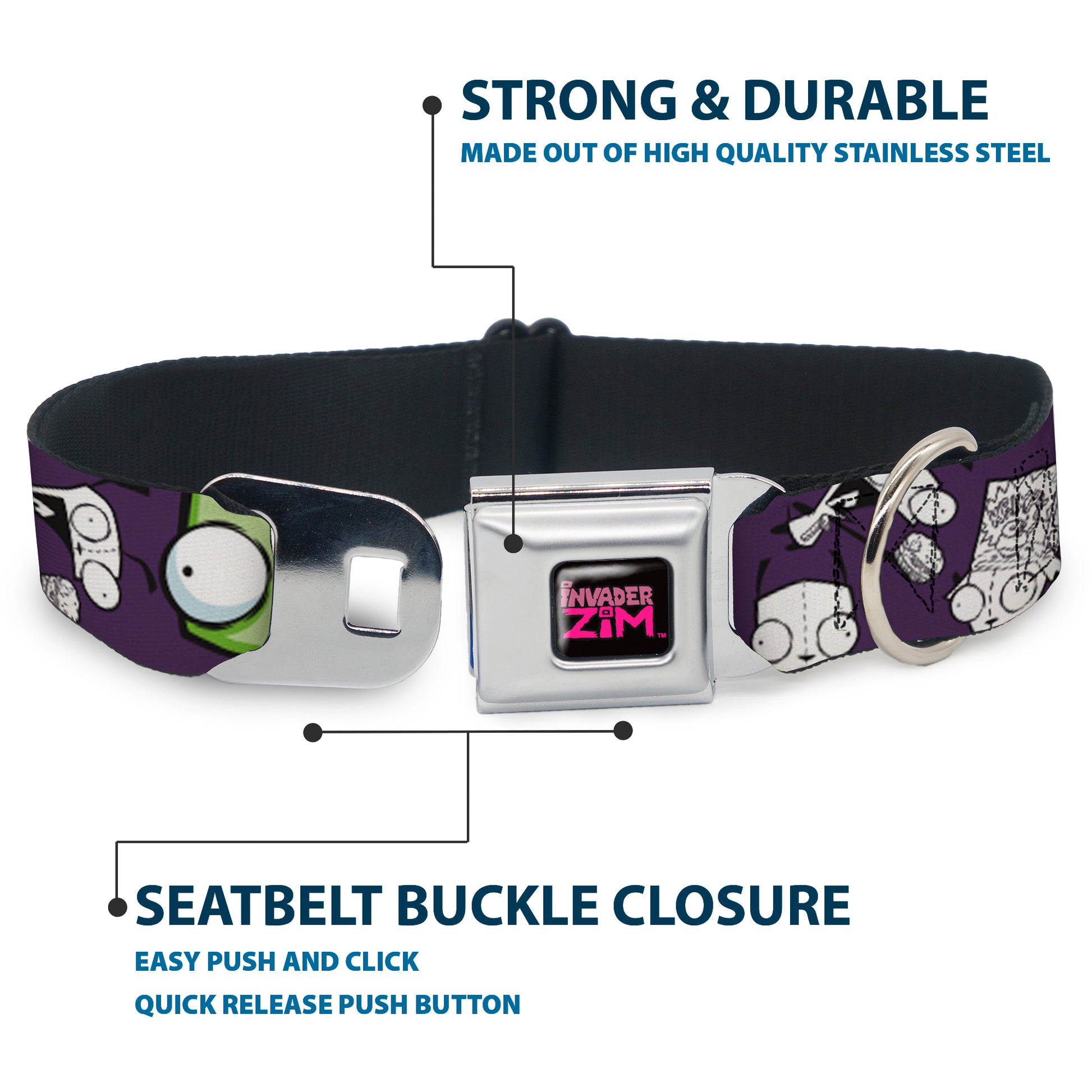 INVADER ZIM Title Logo Full Color Pink/Green Seatbelt Buckle Collar - Invader Zim GIR Poses and Sketch Purple Seatbelt Buckle Collars Invader Zim