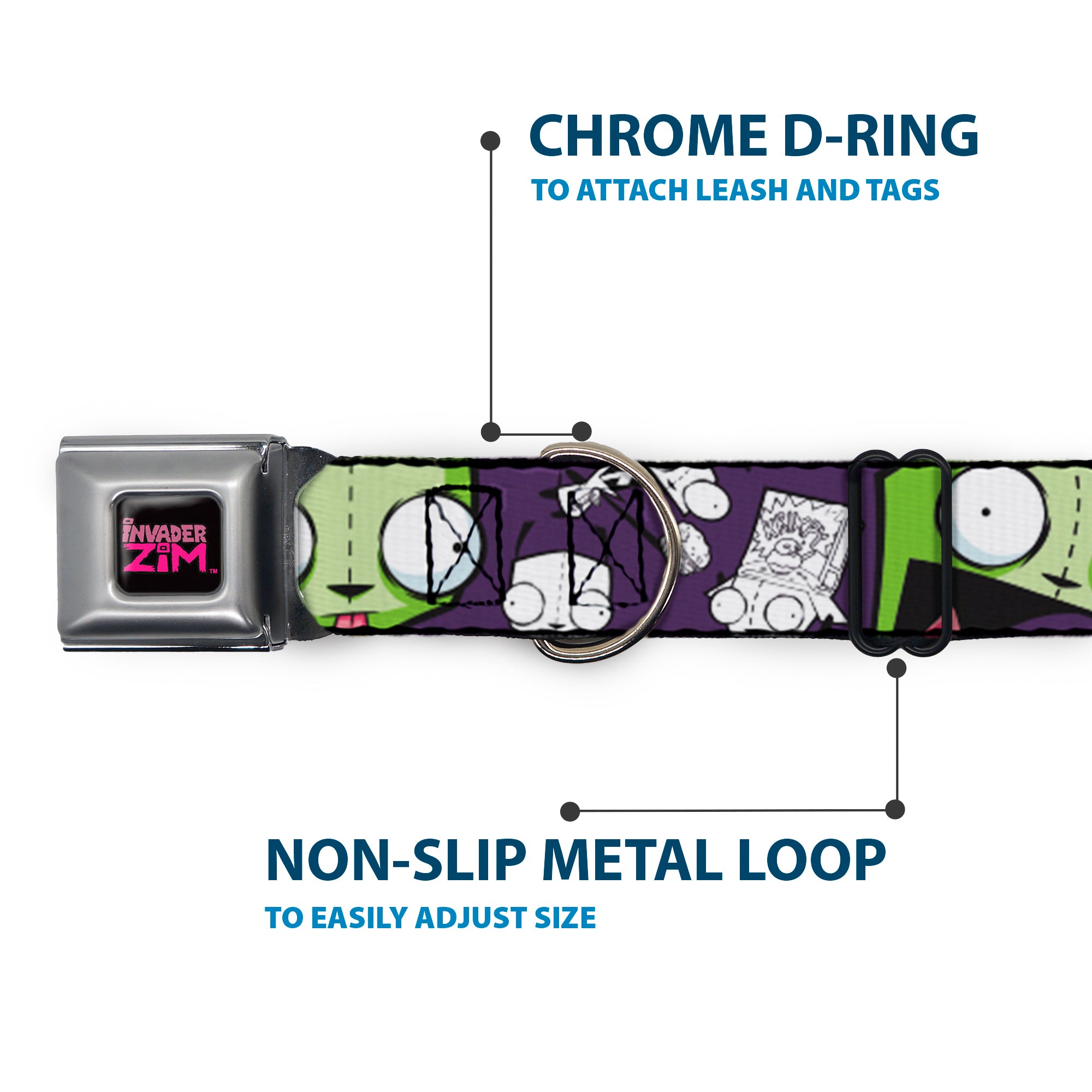 INVADER ZIM Title Logo Full Color Pink/Green Seatbelt Buckle Collar - Invader Zim GIR Poses and Sketch Purple Seatbelt Buckle Collars Invader Zim