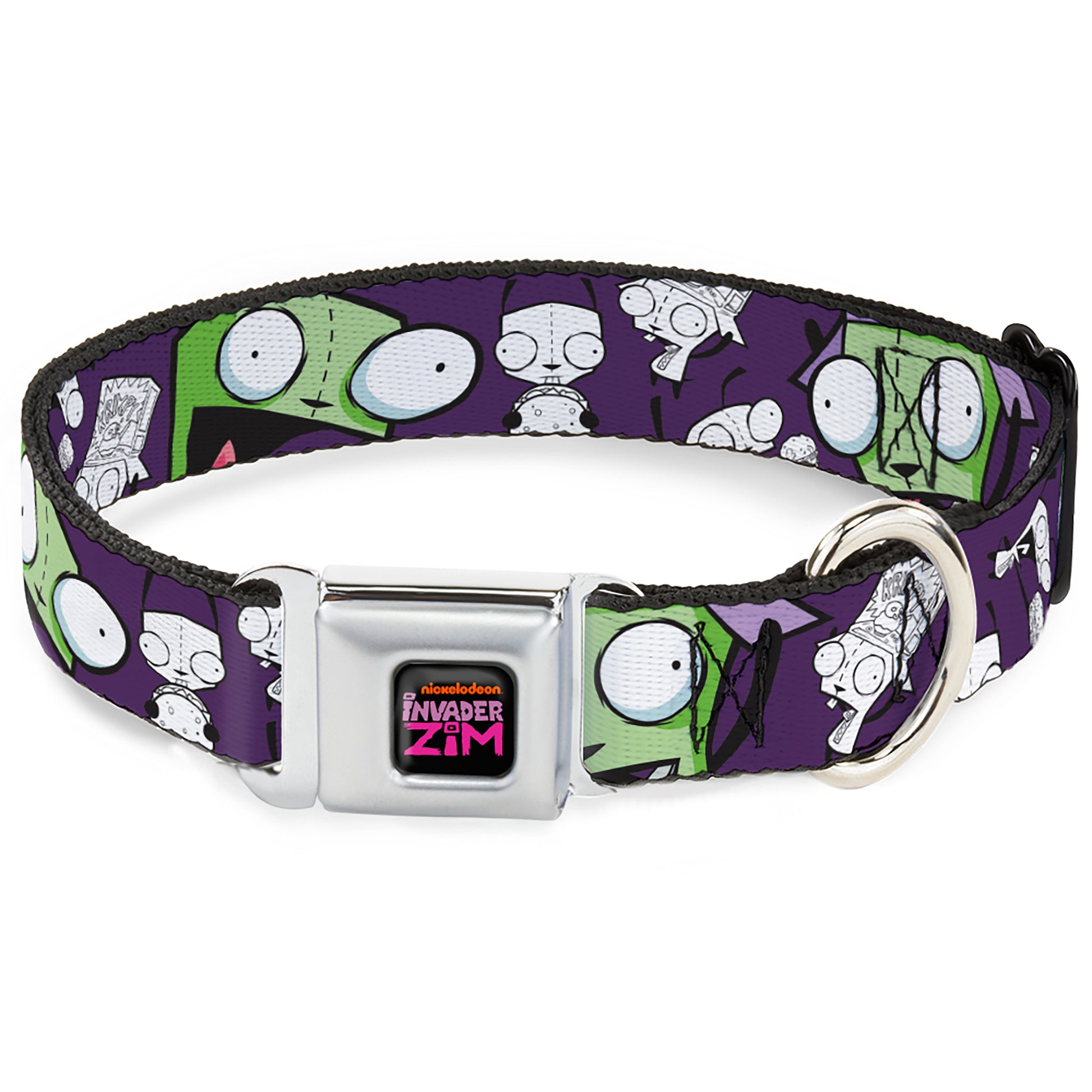 INVADER ZIM Title Logo Full Color Pink/Green Seatbelt Buckle Collar - Invader Zim GIR Poses and Sketch Purple Seatbelt Buckle Collars Invader Zim