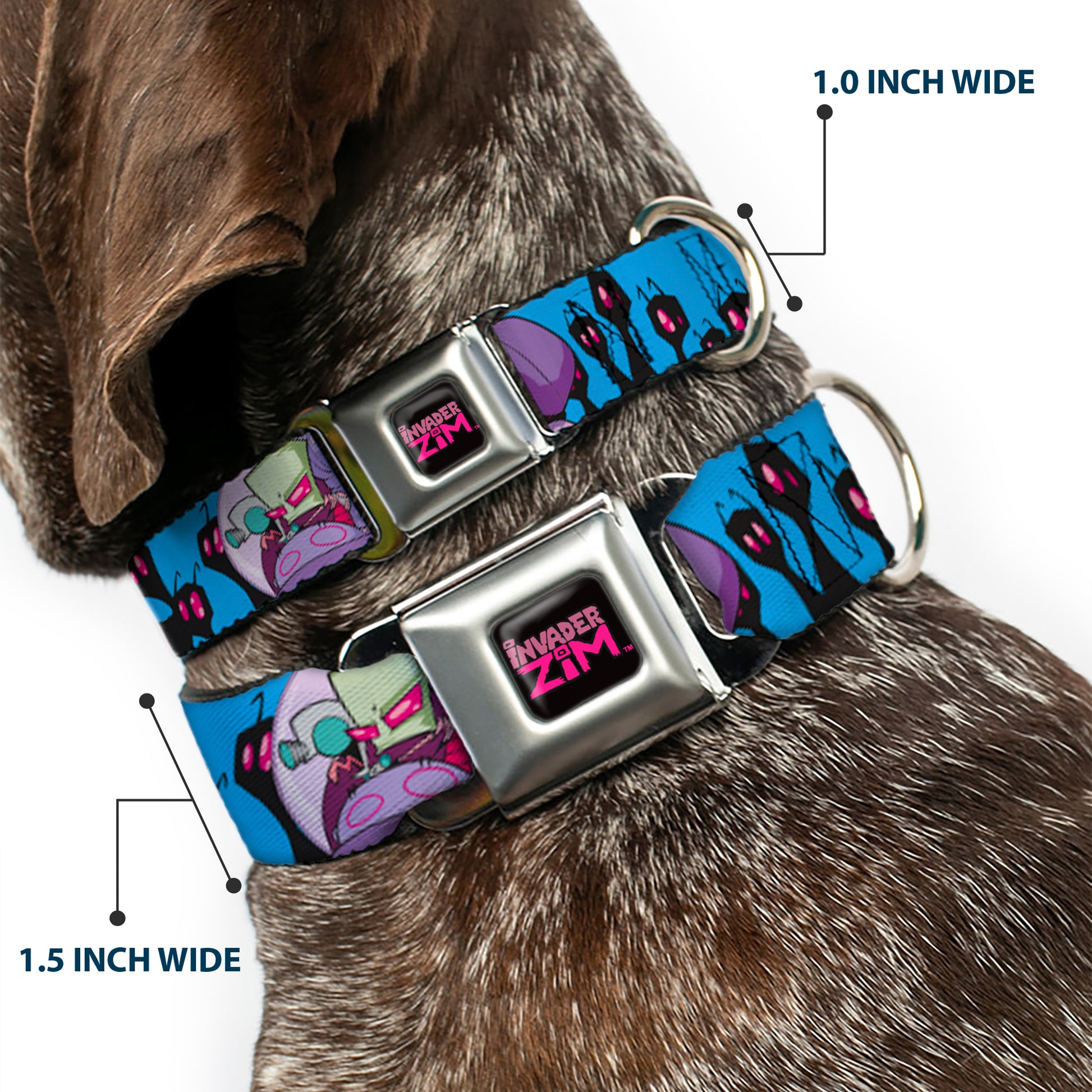 INVADER ZIM Title Logo Full Color Pink/Green Seatbelt Buckle Collar - Invader Zim GIR and Piggy Rule the World Poses Blue Seatbelt Buckle Collars Invader Zim